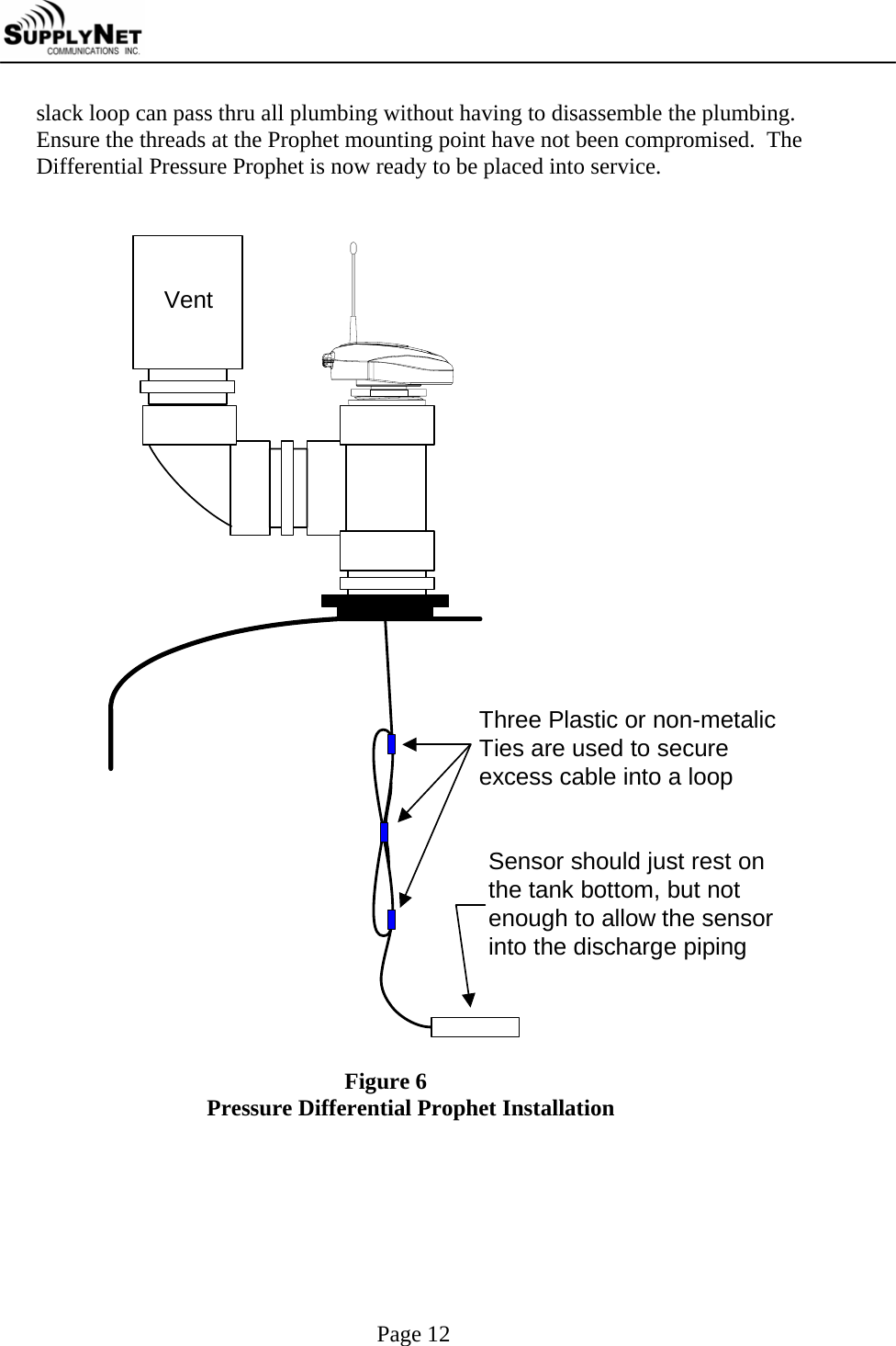     Page 12 slack loop can pass thru all plumbing without having to disassemble the plumbing.  Ensure the threads at the Prophet mounting point have not been compromised.  The Differential Pressure Prophet is now ready to be placed into service.   VentThree Plastic or non-metalicTies are used to secureexcess cable into a loopSensor should just rest onthe tank bottom, but notenough to allow the sensorinto the discharge piping  Figure 6 Pressure Differential Prophet Installation       