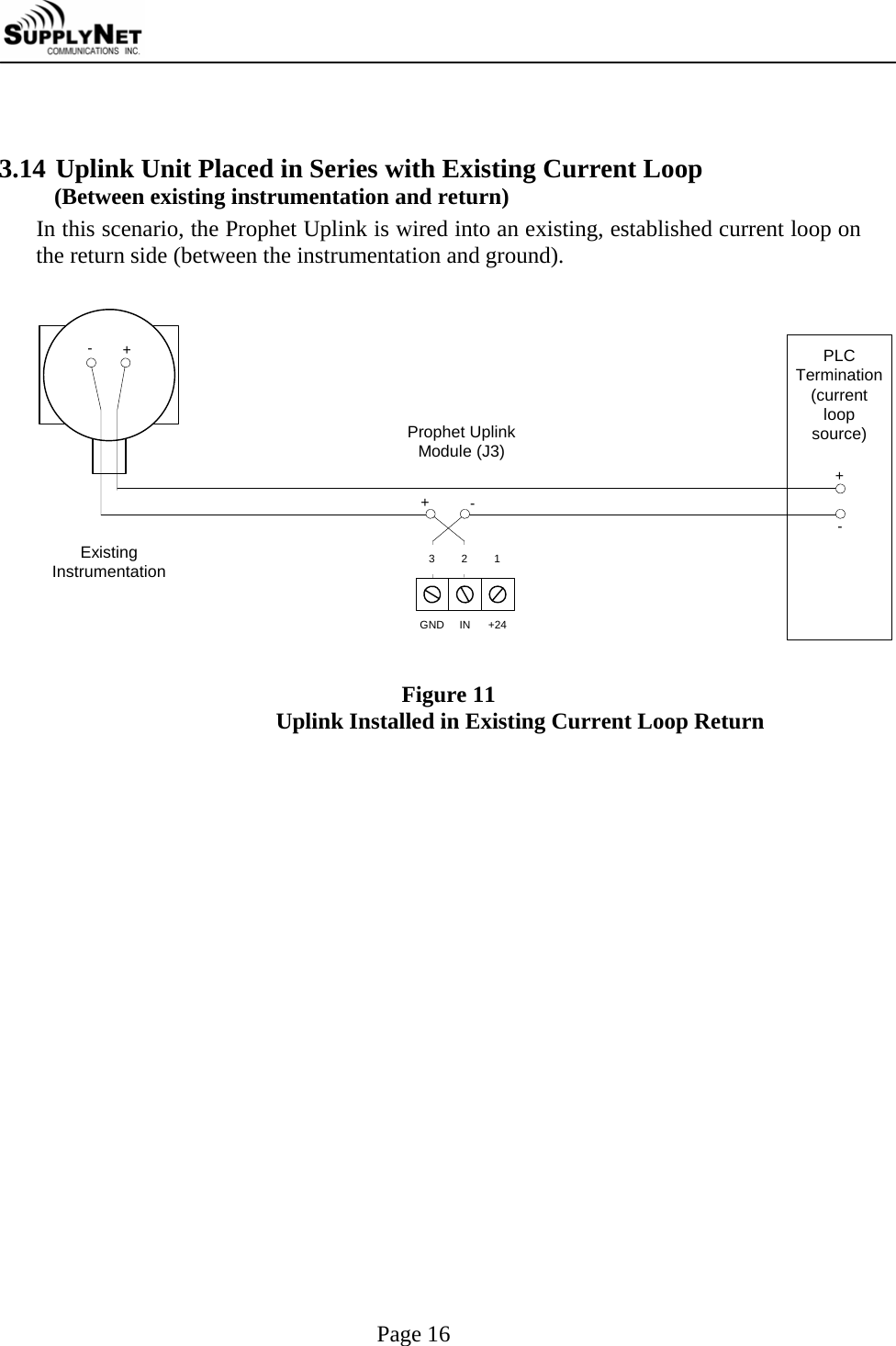     Page 16   3.14 Uplink Unit Placed in Series with Existing Current Loop (Between existing instrumentation and return) In this scenario, the Prophet Uplink is wired into an existing, established current loop on the return side (between the instrumentation and ground).    PLCTermination(currentloopsource)ExistingInstrumentation+-+--+GND IN +24Prophet UplinkModule (J3)3 2 1 Figure 11 Uplink Installed in Existing Current Loop Return  