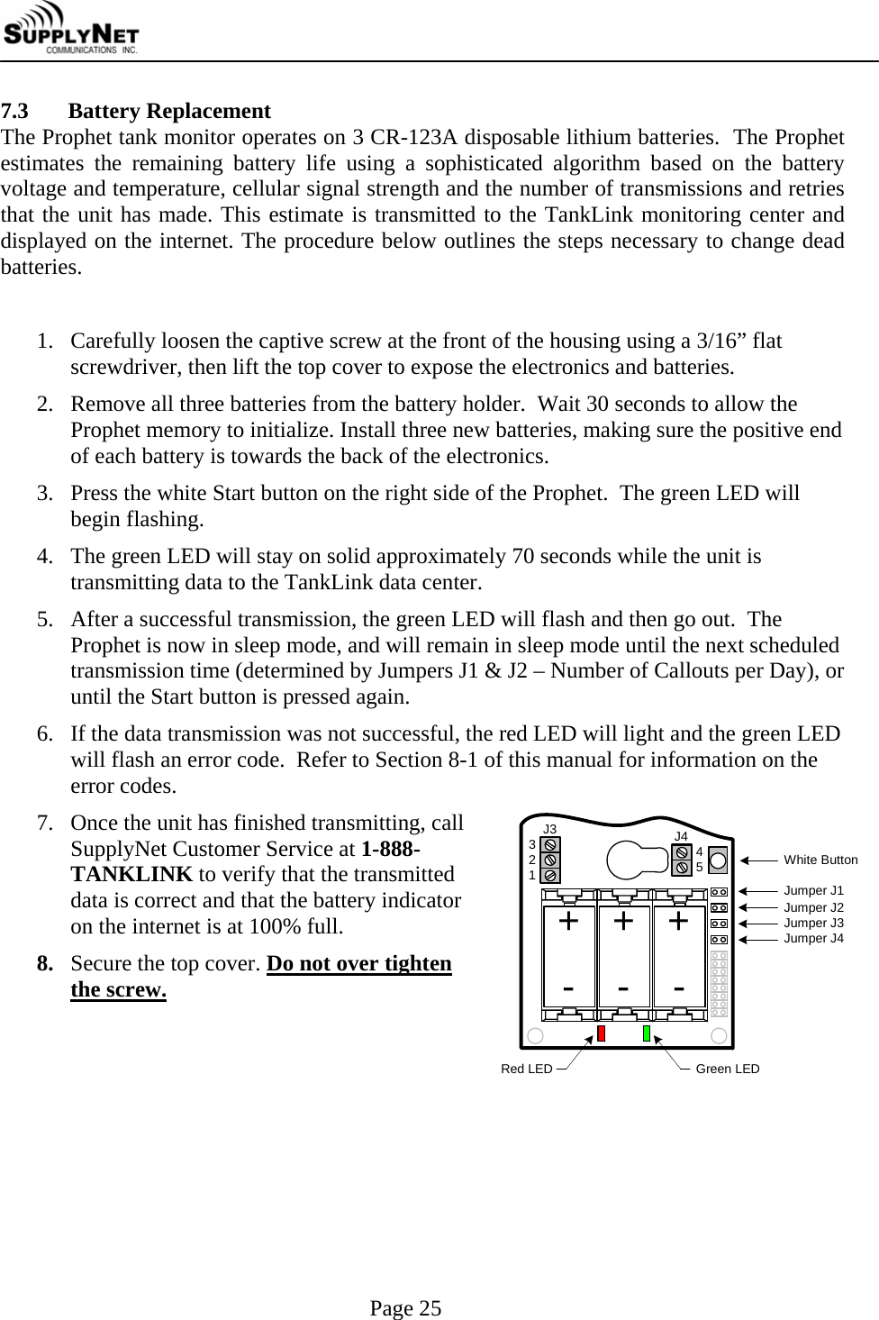     Page 25 7.3  Battery Replacement The Prophet tank monitor operates on 3 CR-123A disposable lithium batteries.  The Prophet estimates the remaining battery life using a sophisticated algorithm based on the battery voltage and temperature, cellular signal strength and the number of transmissions and retries that the unit has made. This estimate is transmitted to the TankLink monitoring center and displayed on the internet. The procedure below outlines the steps necessary to change dead batteries.  1. Carefully loosen the captive screw at the front of the housing using a 3/16&rdquo; flat screwdriver, then lift the top cover to expose the electronics and batteries. 2. Remove all three batteries from the battery holder.  Wait 30 seconds to allow the Prophet memory to initialize. Install three new batteries, making sure the positive end of each battery is towards the back of the electronics. 3. Press the white Start button on the right side of the Prophet.  The green LED will begin flashing. 4. The green LED will stay on solid approximately 70 seconds while the unit is transmitting data to the TankLink data center. 5. After a successful transmission, the green LED will flash and then go out.  The Prophet is now in sleep mode, and will remain in sleep mode until the next scheduled transmission time (determined by Jumpers J1 &amp; J2 &ndash; Number of Callouts per Day), or until the Start button is pressed again. 6. If the data transmission was not successful, the red LED will light and the green LED will flash an error code.  Refer to Section 8-1 of this manual for information on the error codes. 7. Once the unit has finished transmitting, call SupplyNet Customer Service at 1-888-TANKLINK to verify that the transmitted data is correct and that the battery indicator on the internet is at 100% full. 8. Secure the top cover. Do not over tighten the screw.  Green LEDWhite ButtonRed LEDJumper J1Jumper J2Jumper J3Jumper J4+J3 J432145++---