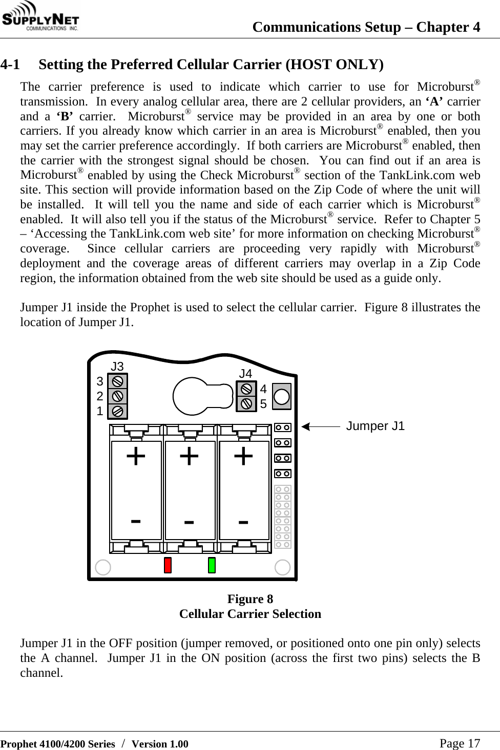  Communications Setup &ndash; Chapter 4   Prophet 4100/4200 Series  /  Version 1.00   Page 17 4-1  Setting the Preferred Cellular Carrier (HOST ONLY) The carrier preference is used to indicate which carrier to use for Microburst&reg; transmission.  In every analog cellular area, there are 2 cellular providers, an &lsquo;A&rsquo; carrier and a &lsquo;B&rsquo; carrier.  Microburst&reg; service may be provided in an area by one or both carriers. If you already know which carrier in an area is Microburst&reg; enabled, then you may set the carrier preference accordingly.  If both carriers are Microburst&reg; enabled, then the carrier with the strongest signal should be chosen.  You can find out if an area is Microburst&reg; enabled by using the Check Microburst&reg; section of the TankLink.com web site. This section will provide information based on the Zip Code of where the unit will be installed.  It will tell you the name and side of each carrier which is Microburst&reg; enabled.  It will also tell you if the status of the Microburst&reg; service.  Refer to Chapter 5 &ndash; &lsquo;Accessing the TankLink.com web site&rsquo; for more information on checking Microburst&reg; coverage.  Since cellular carriers are proceeding very rapidly with Microburst&reg; deployment and the coverage areas of different carriers may overlap in a Zip Code region, the information obtained from the web site should be used as a guide only.  Jumper J1 inside the Prophet is used to select the cellular carrier.  Figure 8 illustrates the location of Jumper J1.  Jumper J1+J3 J432145++--- Figure 8 Cellular Carrier Selection  Jumper J1 in the OFF position (jumper removed, or positioned onto one pin only) selects the A channel.  Jumper J1 in the ON position (across the first two pins) selects the B channel.   