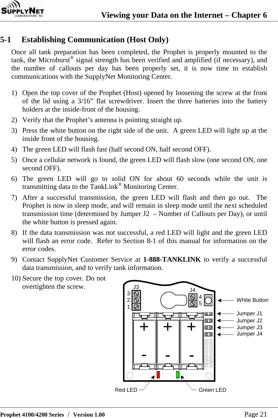  Viewing your Data on the Internet &ndash; Chapter 6   Prophet 4100/4200 Series  /  Version 1.00   Page 21 5-1  Establishing Communication (Host Only) Once all tank preparation has been completed, the Prophet is properly mounted to the tank, the Microburst&reg; signal strength has been verified and amplified (if necessary), and the number of callouts per day has been properly set, it is now time to establish communications with the SupplyNet Monitoring Center.  1) Open the top cover of the Prophet (Host) opened by loosening the screw at the front of the lid using a 3/16&rdquo; flat screwdriver. Insert the three batteries into the battery holders at the inside-front of the housing.  2) Verify that the Prophet&rsquo;s antenna is pointing straight up. 3) Press the white button on the right side of the unit.  A green LED will light up at the inside front of the housing. 4) The green LED will flash fast (half second ON, half second OFF). 5) Once a cellular network is found, the green LED will flash slow (one second ON, one second OFF). 6) The green LED will go to solid ON for about 60 seconds while the unit is transmitting data to the TankLink&reg; Monitoring Center. 7) After a successful transmission, the green LED will flash and then go out.  The Prophet is now in sleep mode, and will remain in sleep mode until the next scheduled transmission time (determined by Jumper J2  &ndash; Number of Callouts per Day), or until the white button is pressed again. 8) If the data transmission was not successful, a red LED will light and the green LED will flash an error code.  Refer to Section 8-1 of this manual for information on the error codes. 9) Contact SupplyNet Customer Service at 1-888-TANKLINK to verify a successful data transmission, and to verify tank information. 10) Secure the top cover. Do not overtighten the screw.            Green LEDWhite ButtonRed LEDJumper J1Jumper J2Jumper J3Jumper J4+J3 J432145++---