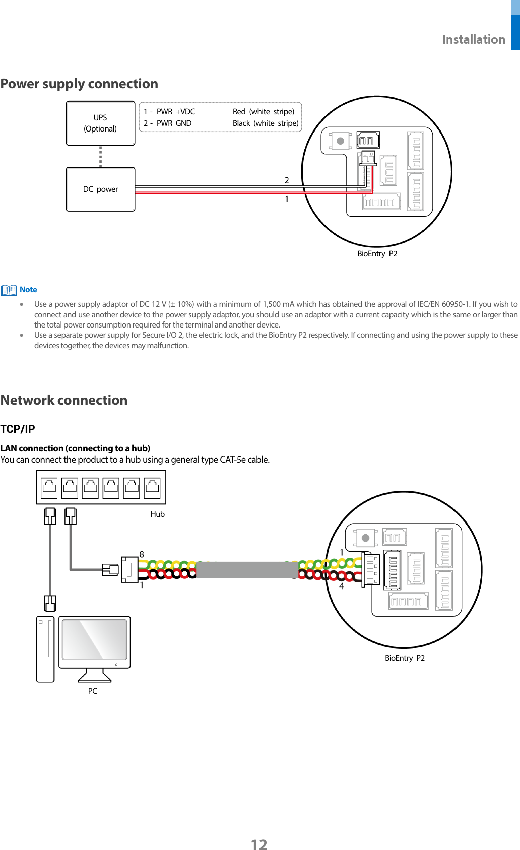  Installation 12 Power supply connection    • Use a power supply adaptor of DC 12 V (± 10%) with a minimum of 1,500 mA which has obtained the approval of IEC/EN 60950-1. If you wish to connect and use another device to the power supply adaptor, you should use an adaptor with a current capacity which is the same or larger than the total power consumption required for the terminal and another device.     • Use a separate power supply for Secure I/O 2, the electric lock, and the BioEntry P2 respectively. If connecting and using the power supply to these devices together, the devices may malfunction.   Network connection TCP/IP LAN connection (connecting to a hub) You can connect the product to a hub using a general type CAT-5e cable.     BioEntry  P2 Hub PC Note BioEntry P2 1 -  PWR +VDC Red (white stripe) 2 -  PWR GND Black  (white stripe) UPS (Optional)  DC power 