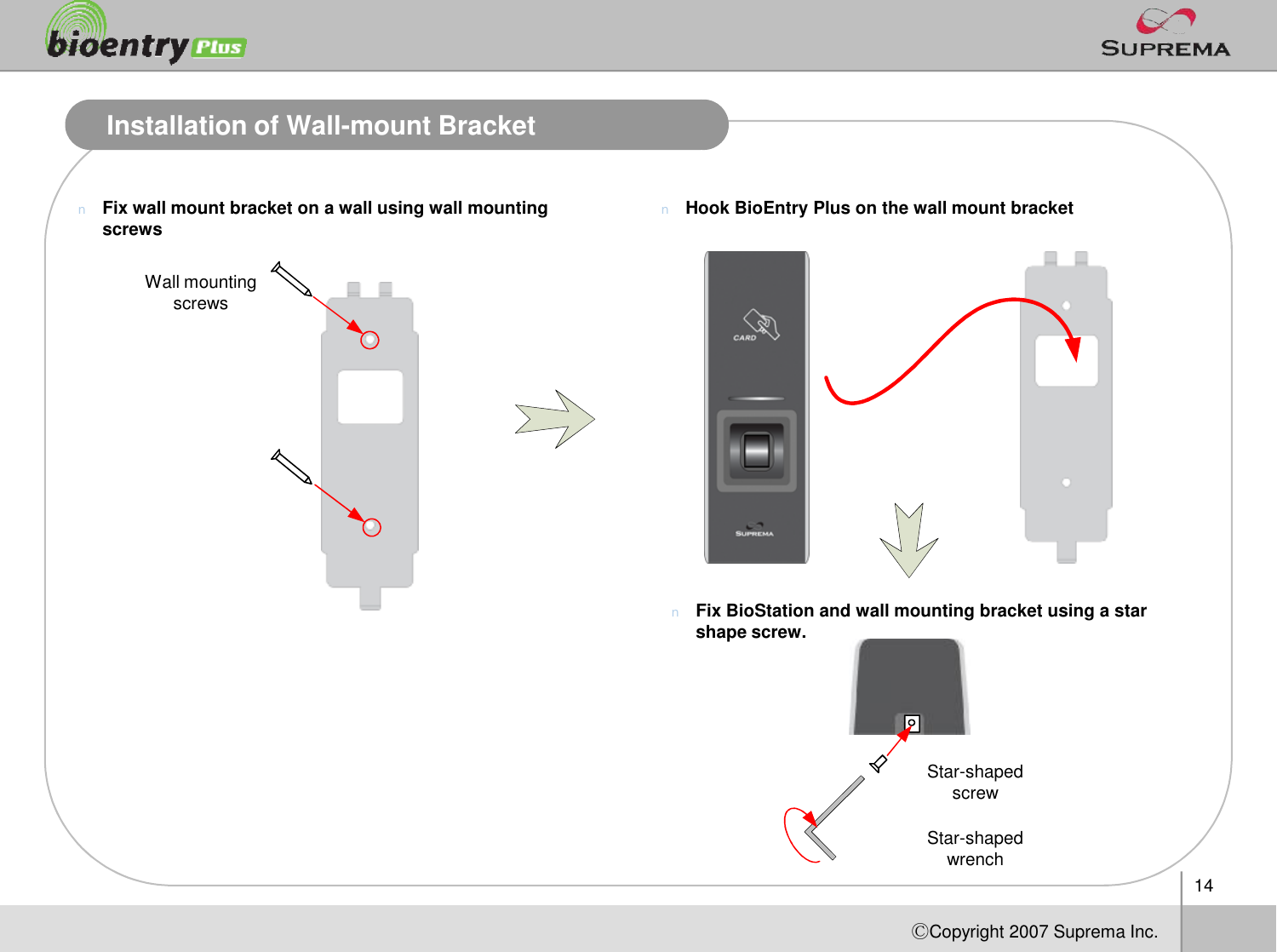 14ⒸCopyright 2007Suprema Inc.Installation of Wall-mount BracketnFix wall mount bracket on a wall using wall mounting screws nHook BioEntry Plus on the wall mount bracketnFix BioStation and wall mounting bracket using a star shape screw.Wall mounting screwsStar-shaped screwStar-shaped wrench