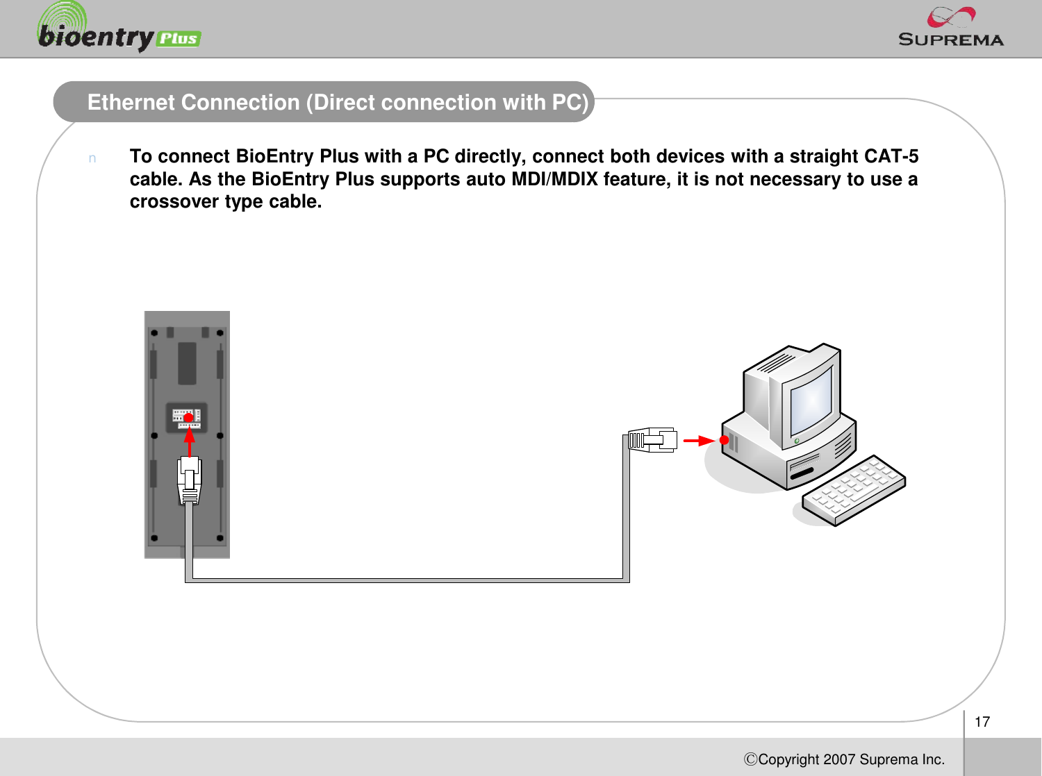 17ⒸCopyright 2007Suprema Inc.Ethernet Connection (Direct connection with PC)nTo connect BioEntry Plus with a PC directly, connect both devices with a straight CAT-5 cable. As the BioEntry Plus supports auto MDI/MDIX feature, it is not necessary to use a crossover type cable.