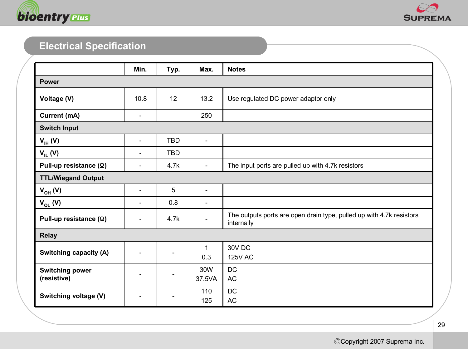 29ⒸCopyright 2007Suprema Inc.Electrical SpecificationMin. Typ. Max. NotesPowerVoltage (V) 10.8 12 13.2 Use regulated DC power adaptor onlyCurrent (mA) -250Switch InputVIH (V) -TBD -VIL (V) -TBDPull-up resistance (Ω)-4.7k - The input ports are pulled up with 4.7k resistorsTTL/WiegandOutputVOH (V) - 5 -VOL (V) -0.8 -Pull-up resistance (Ω)-4.7k - The outputs ports are open drain type, pulled up with 4.7k resistors internallyRelaySwitching capacity (A) - - 10.330V DC125V ACSwitching power (resistive) - - 30W37.5VADCACSwitching voltage (V) - - 110125DCAC