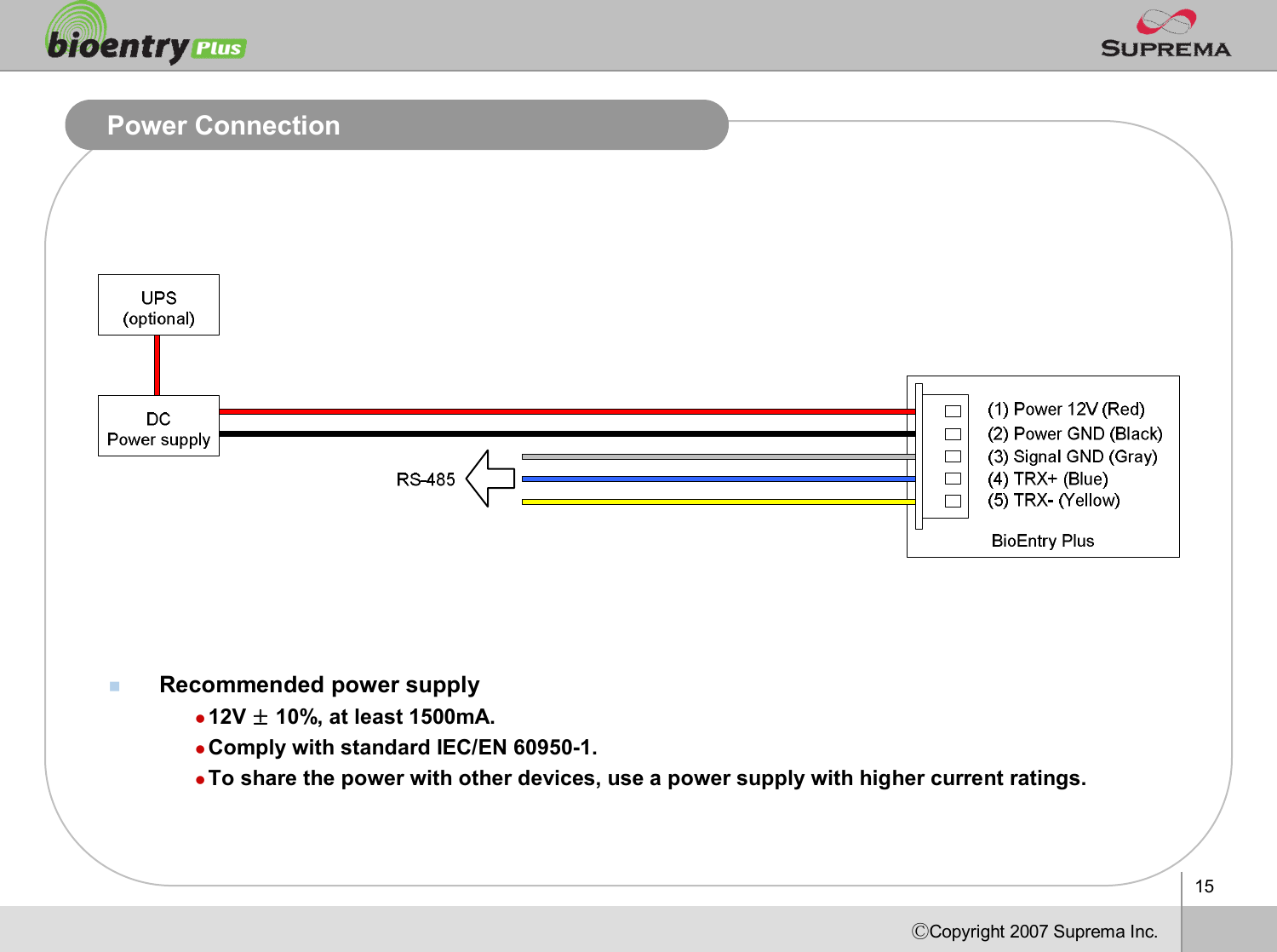 15ⒸCopyright 2007Suprema Inc.Power ConnectionnRecommended power supplyl12V ±10%, at least 1500mA.lComply with standard IEC/EN 60950-1.lTo share the power with other devices, use a power supply with higher current ratings.