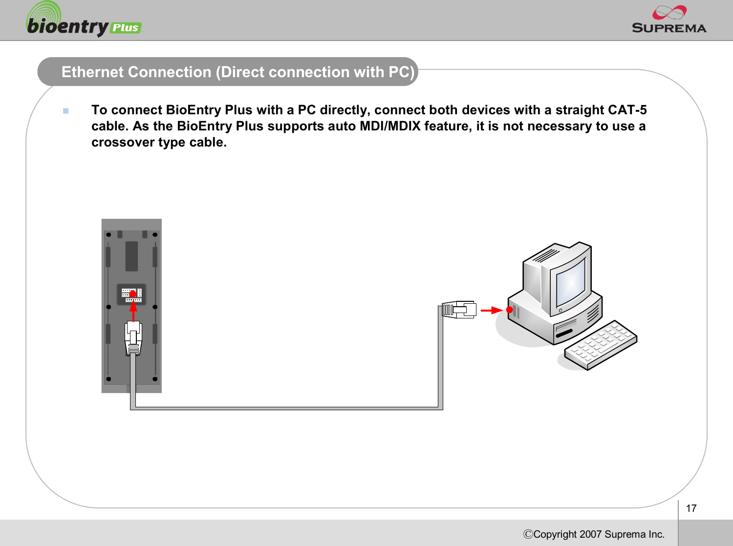 17ⒸCopyright 2007Suprema Inc.Ethernet Connection (Direct connection with PC)nTo connect BioEntryPlus with a PC directly, connect both devices with a straight CAT-5 cable. As the BioEntryPlus supports auto MDI/MDIX feature, it is not necessary to usea crossover type cable.