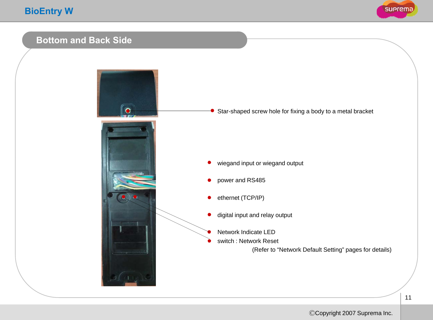 BioEntry WBottom and Back SideStar-shaped screw hole for fixing a body to a metal bracketwiegand input or wiegand outputpower and RS485ethernet (TCP/IP)ethernet (TCP/IP)digital input and relay outputNetwork Indicate LEDit hNt kR tswitch : Network Reset(Refer to “Network Default Setting” pages for details)11ⒸCopyright 2007 Suprema Inc.