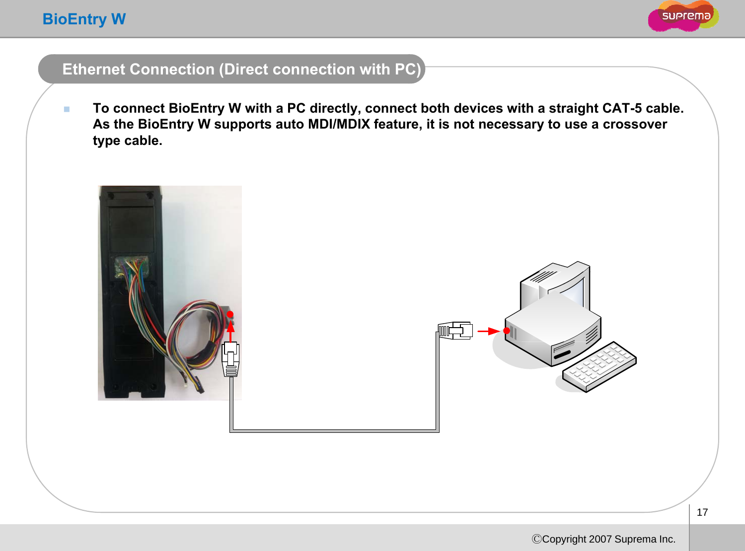 BioEntry WEthernet Connection (Direct connection with PC)To connect BioEntry W with a PC directly, connect both devices with a straight CAT-5 cable. As the BioEntry W supports auto MDI/MDIX feature, it is not necessary to use a crossover type cable.17ⒸCopyright 2007 Suprema Inc.