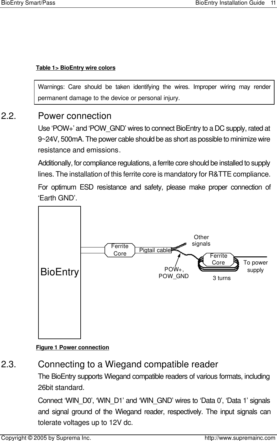 BioEntry Smart/Pass                                                BioEntry Installation Guide  11   Copyright © 2005 by Suprema Inc.                                       http://www.supremainc.com   Table 1&gt; BioEntry wire colors Warnings: Care should be taken identifying the wires. Improper wiring may render permanent damage to the device or personal injury. 2.2. Power connection Use ‘POW+’ and ‘POW_GND’ wires to connect BioEntry to a DC supply, rated at 9~24V, 500mA. The power cable should be as short as possible to minimize wire resistance and emissions. Additionally, for compliance regulations, a ferrite core should be installed to supply lines. The installation of this ferrite core is mandatory for R&amp;TTE compliance. For optimum ESD resistance and safety, please make proper connection of ‘Earth GND’.   BioEntryPigtail cableFerrite Core Ferrite CorePOW+, POW_GND 3 turnsTo power supplyOther signals Figure 1 Power connection 2.3. Connecting to a Wiegand compatible reader The BioEntry supports Wiegand compatible readers of various formats, including 26bit standard. Connect ‘WIN_D0’, ‘WIN_D1’ and ‘WIN_GND’ wires to ‘Data 0’, ‘Data 1’ signals and signal ground of the Wiegand reader, respectively. The input signals can tolerate voltages up to 12V dc. 