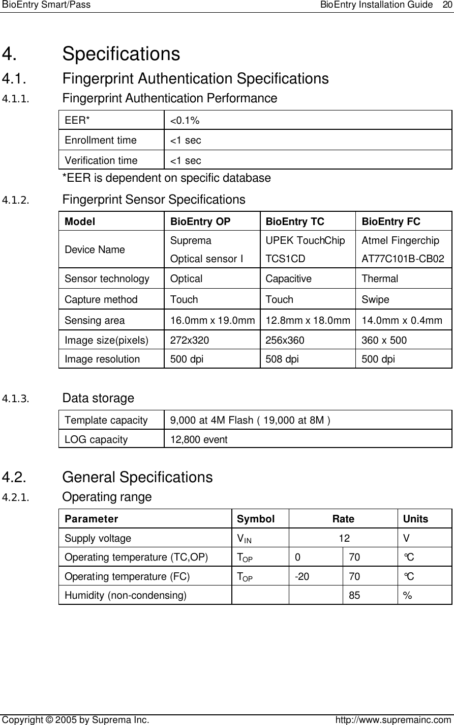 BioEntry Smart/Pass                                                BioEntry Installation Guide  20   Copyright © 2005 by Suprema Inc.                                       http://www.supremainc.com 4. Specifications 4.1. Fingerprint Authentication Specifications 4.1.1. Fingerprint Authentication Performance EER* &lt;0.1% Enrollment time &lt;1 sec Verification time &lt;1 sec *EER is dependent on specific database 4.1.2. Fingerprint Sensor Specifications Model BioEntry OP BioEntry TC BioEntry FC Device Name Suprema Optical sensor I UPEK TouchChip TCS1CD Atmel Fingerchip AT77C101B-CB02 Sensor technology Optical Capacitive Thermal Capture method Touch Touch Swipe Sensing area 16.0mm x 19.0mm 12.8mm x 18.0mm 14.0mm x 0.4mm Image size(pixels) 272x320 256x360 360 x 500 Image resolution 500 dpi 508 dpi 500 dpi  4.1.3. Data storage Template capacity 9,000 at 4M Flash ( 19,000 at 8M ) LOG capacity 12,800 event  4.2. General Specifications 4.2.1. Operating range Parameter Symbol Rate Units Supply voltage VIN 12 V Operating temperature (TC,OP) TOP 0 70 °C Operating temperature (FC) TOP -20 70 °C Humidity (non-condensing)     85 %     