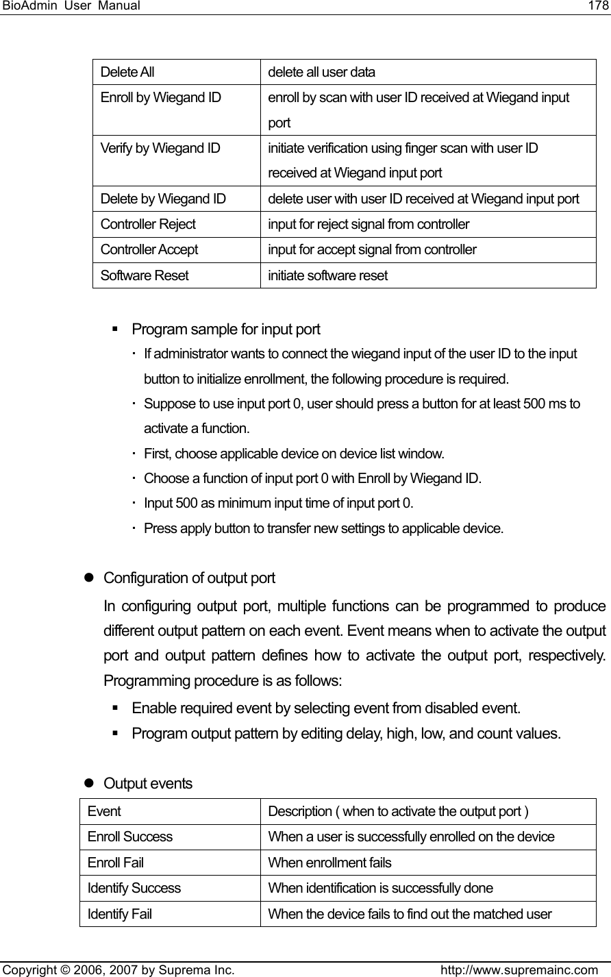 BioAdmin User Manual                                                                     178   Copyright © 2006, 2007 by Suprema Inc.                                http://www.supremainc.com Delete All  delete all user data Enroll by Wiegand ID  enroll by scan with user ID received at Wiegand input port Verify by Wiegand ID  initiate verification using finger scan with user ID received at Wiegand input port Delete by Wiegand ID  delete user with user ID received at Wiegand input port Controller Reject  input for reject signal from controller Controller Accept  input for accept signal from controller Software Reset  initiate software reset    Program sample for input port   If administrator wants to connect the wiegand input of the user ID to the input button to initialize enrollment, the following procedure is required.     Suppose to use input port 0, user should press a button for at least 500 ms to activate a function.     First, choose applicable device on device list window.   Choose a function of input port 0 with Enroll by Wiegand ID.   Input 500 as minimum input time of input port 0.   Press apply button to transfer new settings to applicable device.  z  Configuration of output port In configuring output port, multiple functions can be programmed to produce different output pattern on each event. Event means when to activate the output port and output pattern defines how to activate the output port, respectively. Programming procedure is as follows:   Enable required event by selecting event from disabled event.     Program output pattern by editing delay, high, low, and count values.  z Output events Event  Description ( when to activate the output port ) Enroll Success  When a user is successfully enrolled on the device Enroll Fail  When enrollment fails Identify Success  When identification is successfully done Identify Fail  When the device fails to find out the matched user 