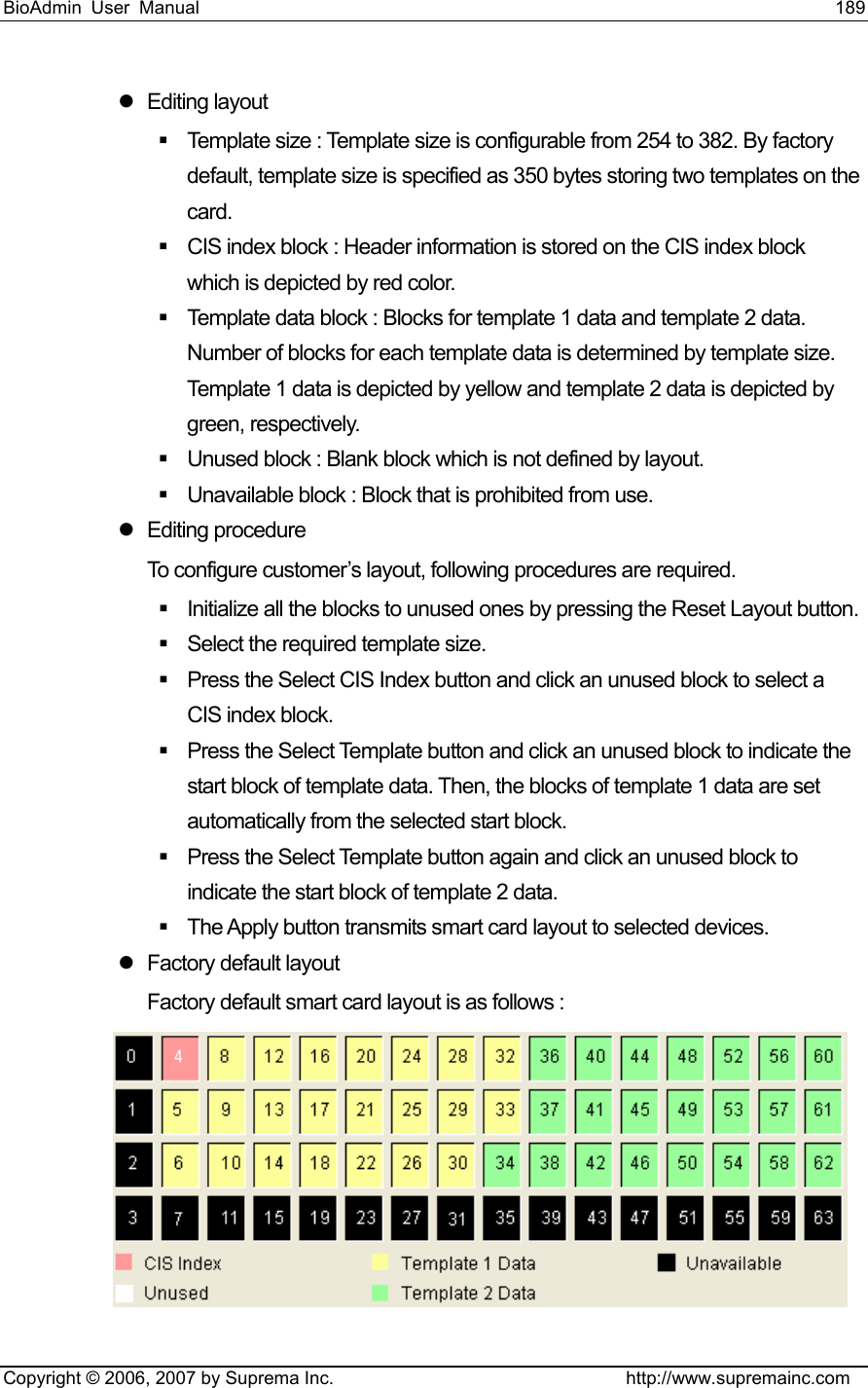 BioAdmin User Manual                                                                     189   Copyright © 2006, 2007 by Suprema Inc.                                http://www.supremainc.com z Editing layout   Template size : Template size is configurable from 254 to 382. By factory default, template size is specified as 350 bytes storing two templates on the card.   CIS index block : Header information is stored on the CIS index block which is depicted by red color.   Template data block : Blocks for template 1 data and template 2 data. Number of blocks for each template data is determined by template size. Template 1 data is depicted by yellow and template 2 data is depicted by green, respectively.   Unused block : Blank block which is not defined by layout.   Unavailable block : Block that is prohibited from use. z Editing procedure To configure customer’s layout, following procedures are required.   Initialize all the blocks to unused ones by pressing the Reset Layout button.   Select the required template size.   Press the Select CIS Index button and click an unused block to select a CIS index block.   Press the Select Template button and click an unused block to indicate the start block of template data. Then, the blocks of template 1 data are set automatically from the selected start block.   Press the Select Template button again and click an unused block to indicate the start block of template 2 data.     The Apply button transmits smart card layout to selected devices. z  Factory default layout Factory default smart card layout is as follows :  