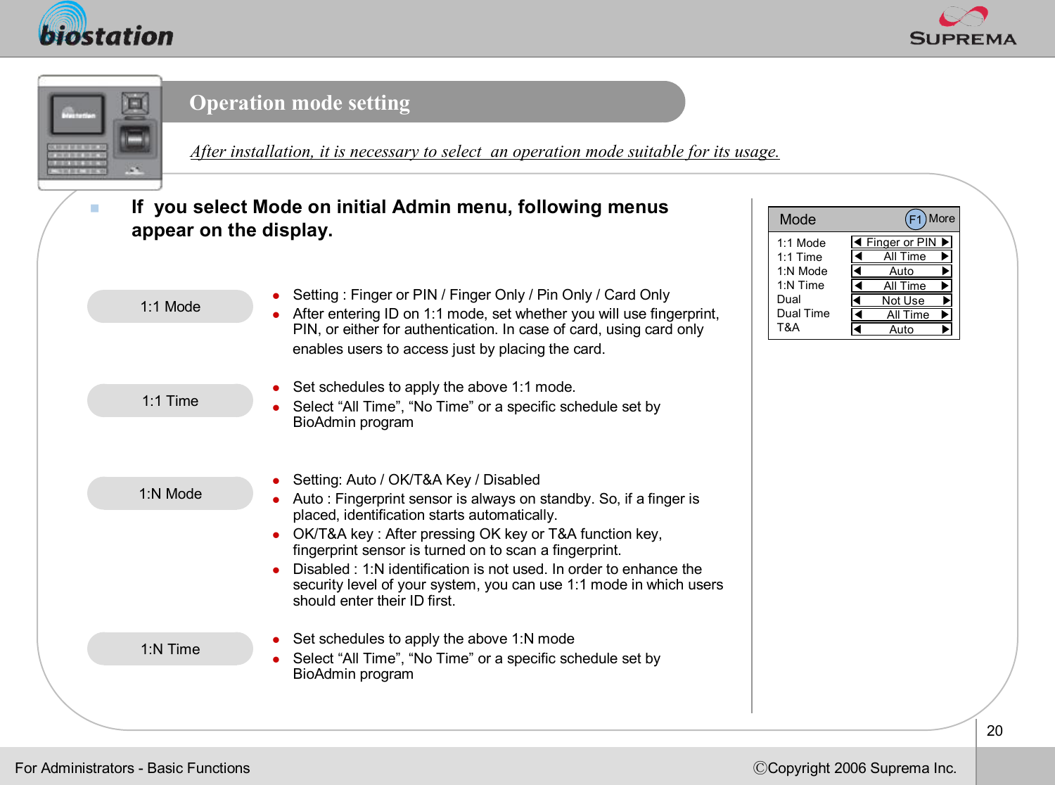 20ⒸCopyright 2006 Suprema Inc.Operation mode settingnIf  you select Mode on initial Admin menu, following menus appear on the display.After installation, it is necessary to select  an operation modesuitable for its usage. lSetting : Finger or PIN / Finger Only / Pin Only / Card OnlylAfter entering ID on 1:1 mode, set whether you will use fingerprint, PIN, or either for authentication. In case of card, using card onlyenables users to access just by placing the card.lSet schedules to apply the above 1:1 mode.lSelect “All Time”, “No Time”or a specific schedule set by BioAdminprogramlSetting: Auto / OK/T&amp;A Key / DisabledlAuto : Fingerprint sensor is always on standby. So, if a finger is placed, identification starts automatically. lOK/T&amp;A key : After pressing OK key or T&amp;A function key, fingerprint sensor is turned on to scan a fingerprint.  lDisabled : 1:N identification is not used. In order to enhance the security level of your system, you can use 1:1 mode in which users should enter their ID first. lSet schedules to apply the above 1:N modelSelect “All Time”, “No Time”or a specific schedule set by BioAdminprogram1:1 Mode1:1 TimeFor Administrators -Basic FunctionsMode◀Finger or PIN ▶1:1 Mode1:1 Time1:N Mode1:N TimeDualDual TimeT&amp;A◀All Time    ▶◀Auto        ▶◀All Time    ▶◀Not Use     ▶◀All Time   ▶◀Auto        ▶F1 More1:N Mode1:N Time