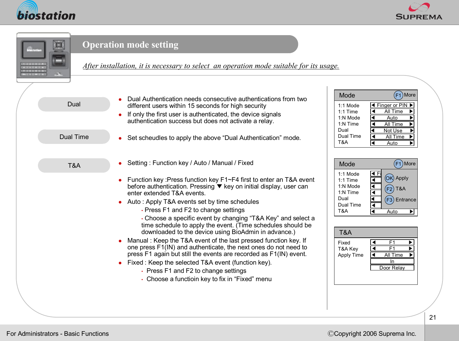 21ⒸCopyright 2006 Suprema Inc.Operation mode settingAfter installation, it is necessary to select  an operation modesuitable for its usage. lDual Authentication needs consecutive authentications from two different users within 15 seconds for high securitylIf only the first user is authenticated, the device signals authentication success but does not activate a relay.lSet scheudlesto apply the above “Dual Authentication”mode.lSetting : Function key / Auto / Manual / FixedlFunction key :Press function key F1~F4 first to enter an T&amp;A event before authentication. Pressing ▼key on initial display, user can enter extended T&amp;A events. lAuto : Apply T&amp;A events set by time schedules•Press F1 and F2 to change settings•Choose a specific event by changing “T&amp;A Key”and select a time schedule to apply the event. (Time schedules should be downloaded to the device using BioAdminin advance.)lManual : Keep the T&amp;A event of the last pressed function key. Ifone press F1(IN) and authenticate, the next ones do not need to press F1 again but still the events are recorded as F1(IN) event.lFixed : Keep the selected T&amp;A event (function key).•Press F1 and F2 to change settings•Choose a functioinkey to fix in “Fixed”menu DualDual TimeT&amp;AFor Administrators -Basic FunctionsMode◀Finger or PIN ▶1:1 Mode1:1 Time1:N Mode1:N TimeDualDual TimeT&amp;A◀All Time    ▶◀Auto        ▶◀All Time    ▶◀Not Use     ▶◀All Time   ▶◀Auto        ▶F1 MoreMode◀Finger or PIN ▶1:1 Mode1:1 Time1:N Mode1:N TimeDualDual TimeT&amp;A◀All Time    ▶◀Auto        ▶◀All Time    ▶◀Not Use     ▶◀All Time   ▶◀Auto        ▶F1 MoreOK ApplyF2 T&amp;AF3 EntranceT&amp;A◀F1         ▶FixedT&amp;A KeyApply Time◀F1         ▶◀All Time    ▶InDoor Relay