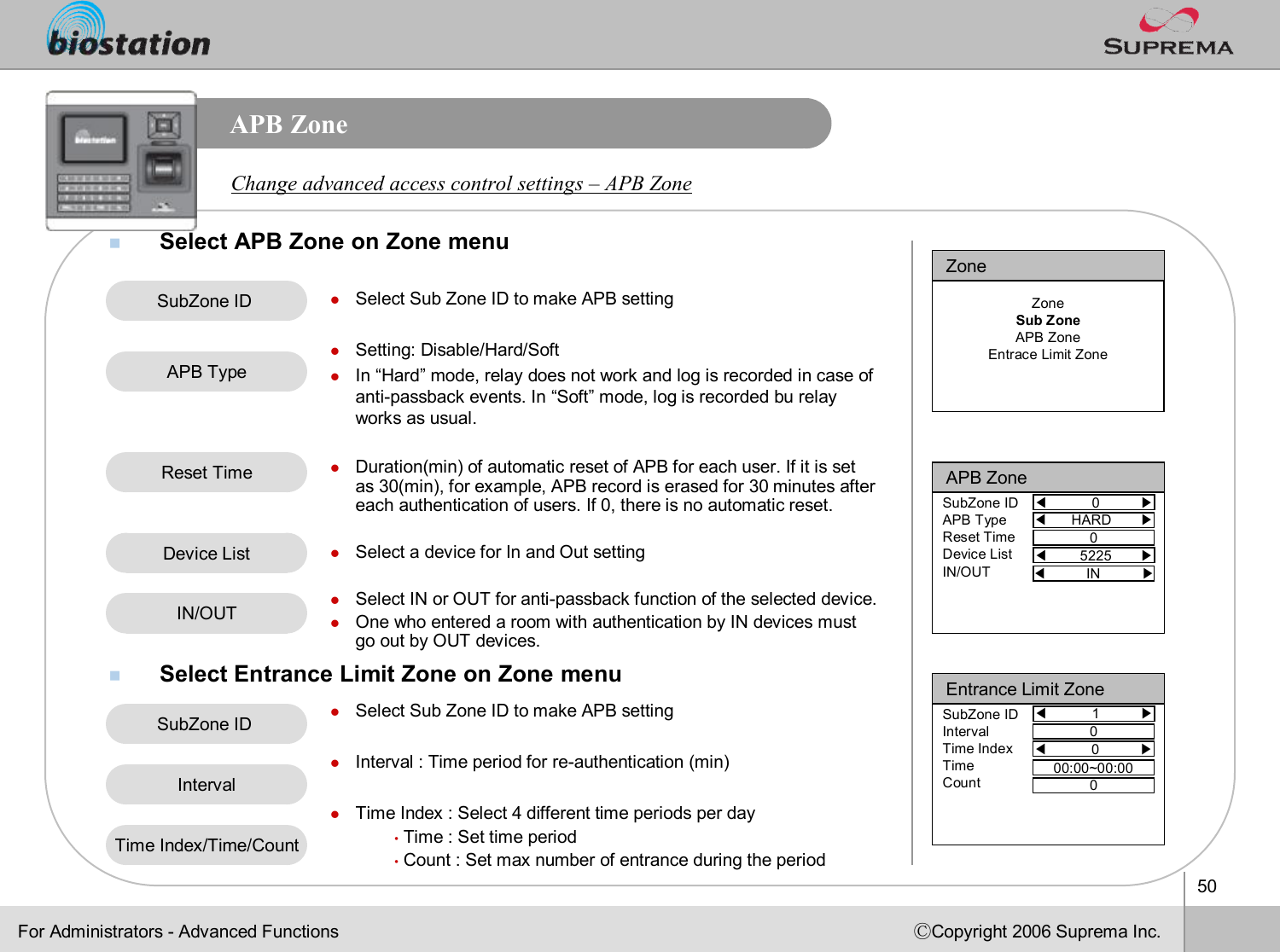 50ⒸCopyright 2006 Suprema Inc.APB ZonenSelect APB Zone on Zone menunSelect Entrance Limit Zone on Zone menuChange advanced access control settings –APB ZonelSelect Sub Zone ID to make APB settinglSetting: Disable/Hard/SoftlIn “Hard”mode, relay does not work and log is recorded in case of anti-passbackevents. In “Soft”mode, log is recorded burelay works as usual. lDuration(min) of automatic reset of APB for each user. If it is set as 30(min), for example, APB record is erased for 30 minutes after each authentication of users. If 0, there is no automatic reset.lSelect a device for In and Out settinglSelect IN or OUT for anti-passbackfunction of the selected device. lOne who entered a room with authentication by IN devices must go out by OUT devices. lSelect Sub Zone ID to make APB settinglInterval : Time period for re-authentication (min)lTime Index : Select 4 different time periods per day•Time : Set time period•Count : Set max number of entrance during the periodFor Administrators -Advanced FunctionsSubZoneID Reset TimeZoneZoneSub ZoneAPB ZoneEntrace Limit ZoneAPB Zone◀0          ▶SubZone IDAPB TypeReset TimeDevice ListIN/OUT◀5225       ▶◀IN          ▶◀HARD       ▶0APB TypeDevice ListIN/OUTSubZoneID Time Index/Time/CountIntervalEntrance Limit Zone◀1          ▶SubZone IDIntervalTime IndexTimeCount◀0          ▶000:00~00:000