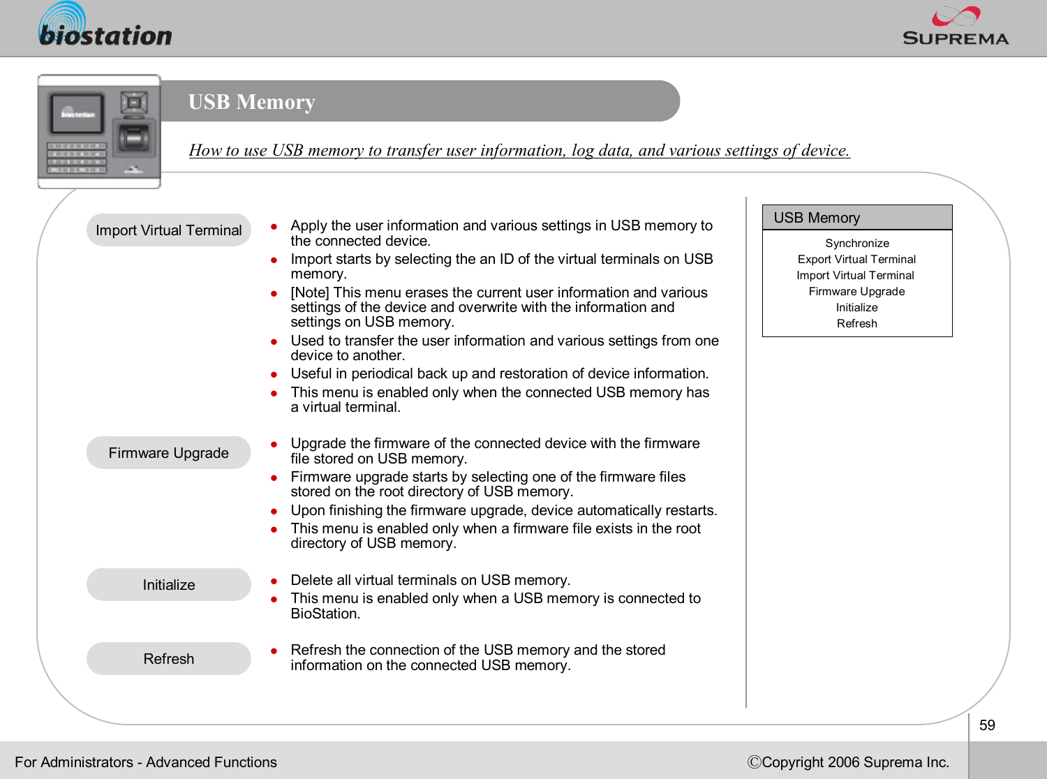 59ⒸCopyright 2006 Suprema Inc.USB MemoryHow to use USB memory to transfer user information, log data, and various settings of device. For Administrators -Advanced FunctionslApply the user information and various settings in USB memory tothe connected device. lImport starts by selecting the an ID of the virtual terminals onUSB memory. l[Note] This menu erases the current user information and varioussettings of the device and overwrite with the information and settings on USB memory.  lUsed to transfer the user information and various settings from one device to another.lUseful in periodical back up and restoration of device information. lThis menu is enabled only when the connected USB memory has a virtual terminal. lUpgrade the firmware of the connected device with the firmware file stored on USB memory. lFirmware upgrade starts by selecting one of the firmware files stored on the root directory of USB memory. lUpon finishing the firmware upgrade, device automatically restarts. lThis menu is enabled only when a firmware file exists in the root directory of USB memory. lDelete all virtual terminals on USB memory. lThis menu is enabled only when a USB memory is connected to BioStation.lRefresh the connection of the USB memory and the stored information on the connected USB memory. Import Virtual TerminalFirmware UpgradeInitializeRefreshUSB MemorySynchronizeExport Virtual TerminalImport Virtual Terminal Firmware UpgradeInitializeRefresh