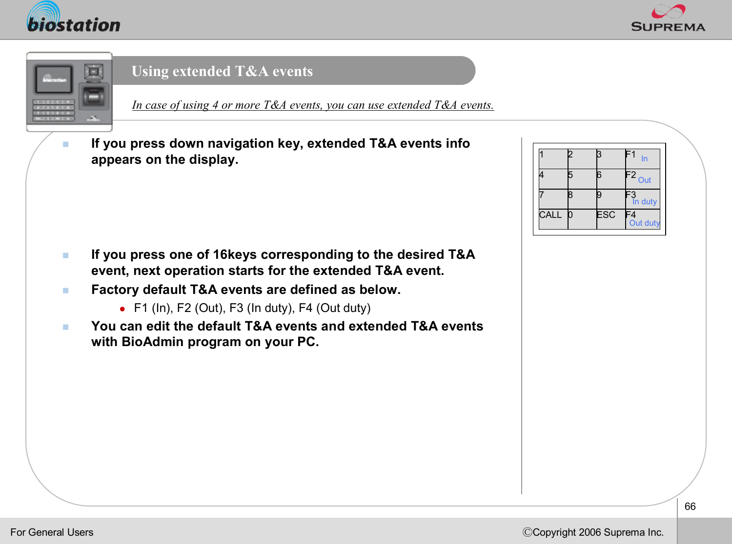 66ⒸCopyright 2006 Suprema Inc.Using extended T&amp;A eventsnIf you press down navigation key, extended T&amp;A events info appears on the display.nIf you press one of 16keys corresponding to the desired T&amp;A event, next operation starts for the extended T&amp;A event.nFactory default T&amp;A events are defined as below.lF1 (In), F2 (Out), F3 (In duty), F4 (Out duty)nYou can edit the default T&amp;A events and extended T&amp;A events with BioAdmin program on your PC.In case of using 4 or more T&amp;A events, you can use extended T&amp;A events. F4ESC0CALLF3987F2654F1321 In Out In dutyOut duty For General Users