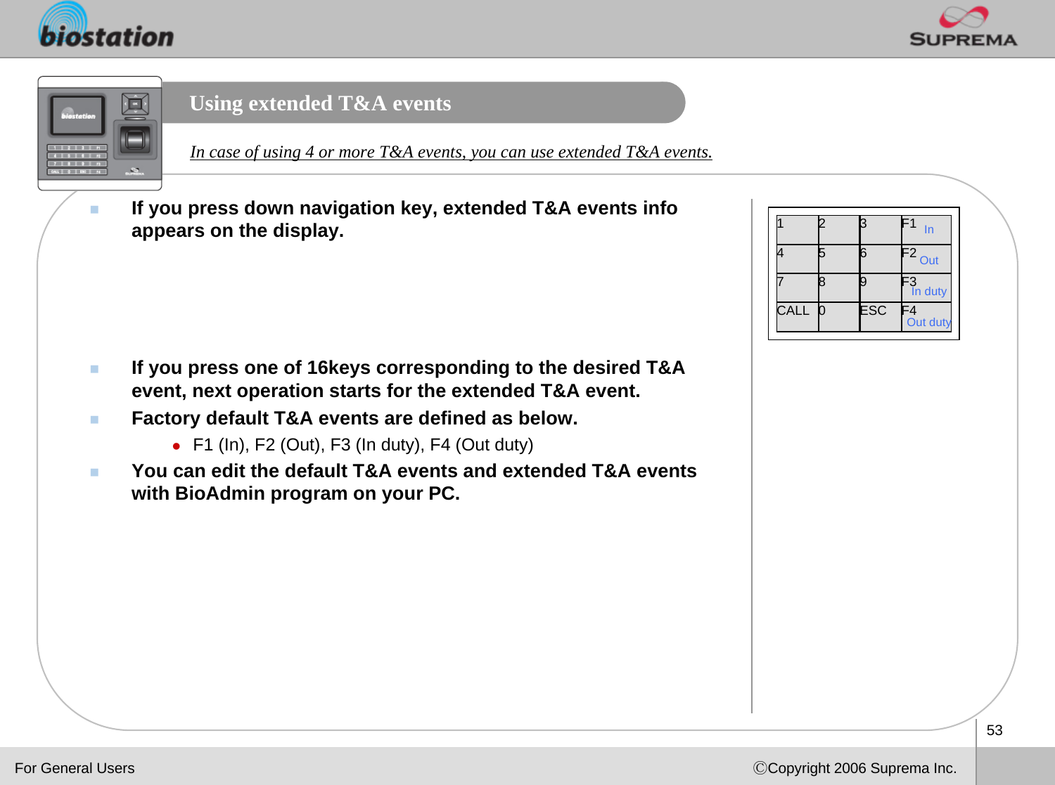 53ⒸCopyright 2006 Suprema Inc.Using extended T&amp;A eventsIf you press down navigation key, extended T&amp;A events info appears on the display.If you press one of 16keys corresponding to the desired T&amp;A event, next operation starts for the extended T&amp;A event.Factory default T&amp;A events are defined as below.zF1 (In), F2 (Out), F3 (In duty), F4 (Out duty)You can edit the default T&amp;A events and extended T&amp;A events with BioAdmin program on your PC.In case of using 4 or more T&amp;A events, you can use extended T&amp;A events. 123F1456F2789F3CALL 0ESC F4In Out In dutyOut duty For General Users