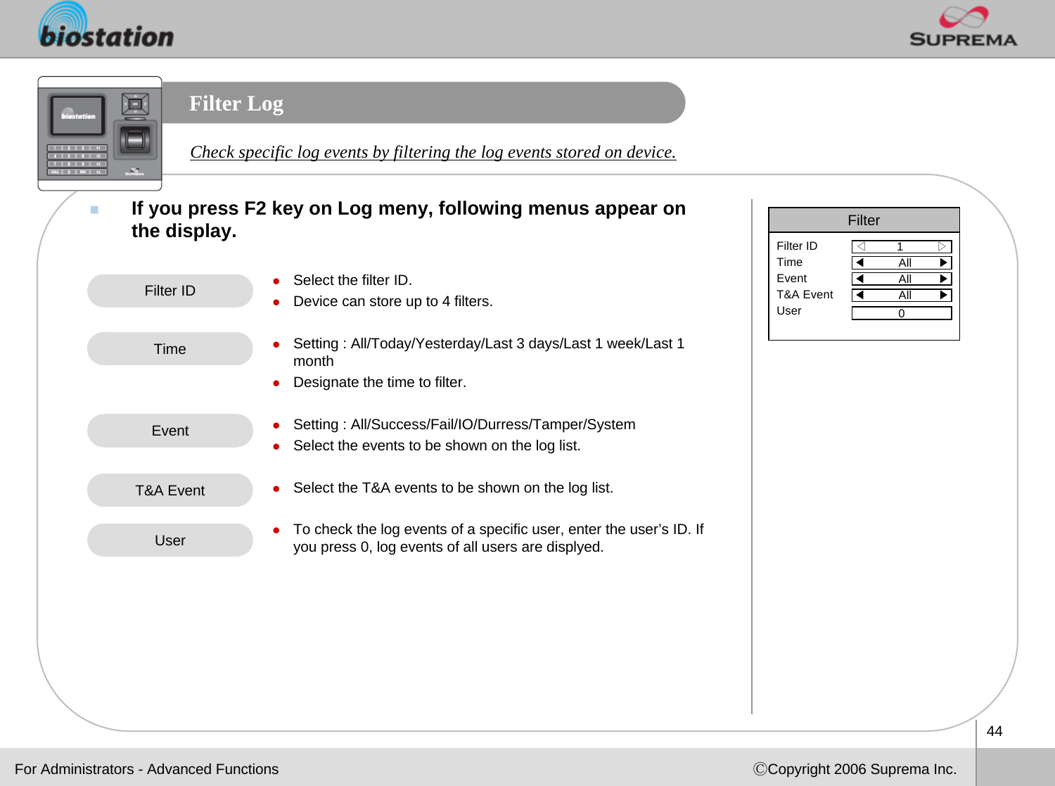 44ⒸCopyright 2006 Suprema Inc.Filter LogIf you press F2 key on Log meny, following menus appear on the display. Check specific log events by filtering the log events stored on device. For Administrators - Advanced FunctionszSelect the filter ID.zDevice can store up to 4 filters. zSetting : All/Today/Yesterday/Last 3 days/Last 1 week/Last 1 monthzDesignate the time to filter.zSetting : All/Success/Fail/IO/Durress/Tamper/SystemzSelect the events to be shown on the log list. zSelect the T&amp;A events to be shown on the log list. zTo check the log events of a specific user, enter the user’s ID. If you press 0, log events of all users are displyed. Filter IDTimeT&amp;A EventEventUserFilter◁1          ▷Filter IDTimeEventT&amp;A EventUser◀All        ▶◀All        ▶◀All        ▶0