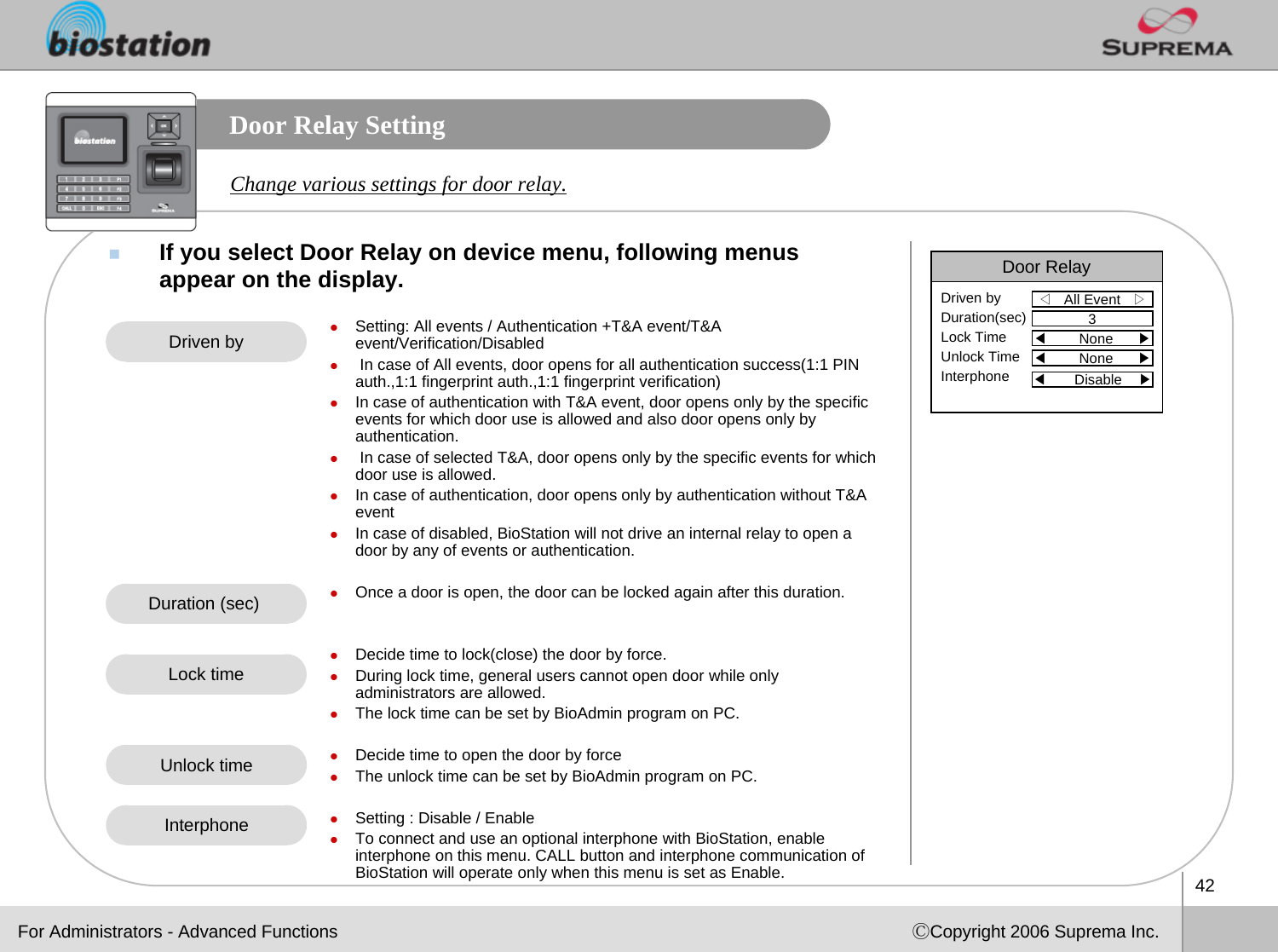 42ⒸCopyright 2006 Suprema Inc.Door Relay SettingIf you select Door Relay on device menu, following menus appear on the display. Change various settings for door relay.zSetting: All events / Authentication +T&amp;A event/T&amp;A event/Verification/DisabledzIn case of All events, door opens for all authentication success(1:1 PIN auth.,1:1 fingerprint auth.,1:1 fingerprint verification)zIn case of authentication with T&amp;A event, door opens only by the specific events for which door use is allowed and also door opens only byauthentication.zIn case of selected T&amp;A, door opens only by the specific events for which door use is allowed.zIn case of authentication, door opens only by authentication without T&amp;A event zIn case of disabled, BioStation will not drive an internal relay to open a door by any of events or authentication.zOnce a door is open, the door can be locked again after this duration.zDecide time to lock(close) the door by force. zDuring lock time, general users cannot open door while only administrators are allowed.zThe lock time can be set by BioAdmin program on PC.zDecide time to open the door by forcezThe unlock time can be set by BioAdmin program on PC.zSetting : Disable / EnablezTo connect and use an optional interphone with BioStation, enable interphone on this menu. CALL button and interphone communication of BioStation will operate only when this menu is set as Enable. Driven byFor Administrators - Advanced FunctionsDoor Relay◁All Event   ▷Driven byDuration(sec)Lock TimeUnlock TimeInterphone3◀None      ▶◀None      ▶◀Disable    ▶Duration (sec) Lock timeUnlock timeInterphone