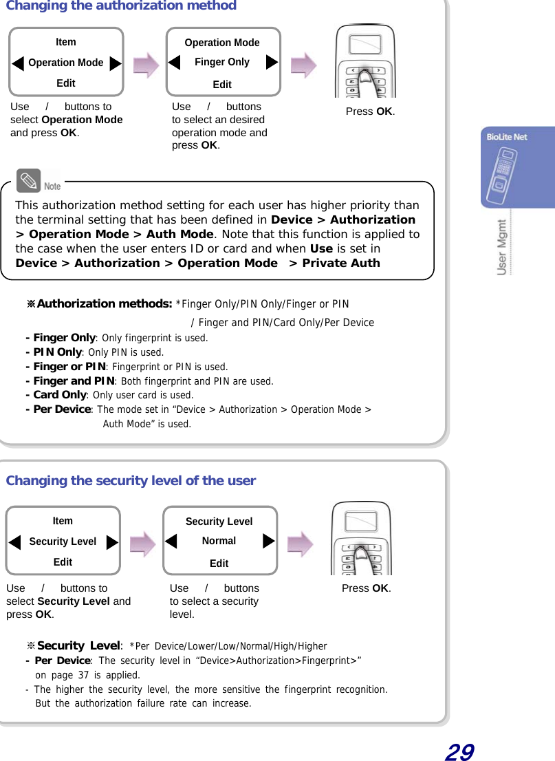  29  Changing the authorization method                Autho※rization methods: *Finger Only/PIN Only/Finger or PIN / Finger and PIN/Card Only/Per Device - Finger Only: Only fingerprint is used. - PIN Only: Only PIN is used. - Finger or PIN: Fingerprint or PIN is used. - Finger and PIN: Both fingerprint and PIN are used. - Card Only: Only user card is used. - Per Device: The mode set in “Device &gt; Authorization &gt; Operation Mode &gt;  Auth Mode” is used.   Changing the security level of the user         ※Security Level: *Per Device/Lower/Low/Normal/High/Higher - Per Device: The security level in “Device&gt;Authorization&gt;Fingerprint&gt;”  on page 37 is applied. - The higher the security level, the more sensitive the fingerprint recognition. But the authorization failure rate can increase.  This authorization method setting for each user has higher priority than the terminal setting that has been defined in Device &gt; Authorization &gt; Operation Mode &gt; Auth Mode. Note that this function is applied to the case when the user enters ID or card and when Use is set in Device &gt; Authorization &gt; Operation Mode  &gt; Private Auth Item Operation Mode Edit Use  　/　 buttons to select Operation Mode and press OK. Use  　/　 buttons to select an desired operation mode and press OK. Press OK.Operation Mode Finger Only Edit Use  　/　 buttons to select Security Level and press OK. Use  　/　 buttons to select a security level. Item Security Level Edit Security Level Normal Edit Press OK.