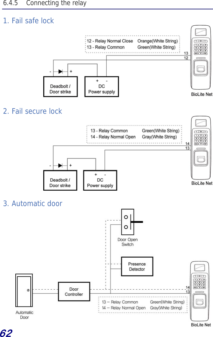  62 6.4.5  Connecting the relay 1. Fail safe lock          2. Fail secure lock          3. Automatic door              