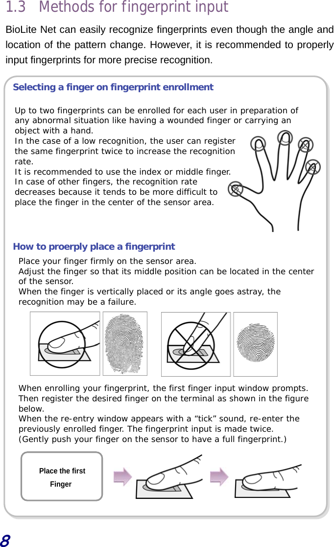  8 1.3  Methods for fingerprint input BioLite Net can easily recognize fingerprints even though the angle and location of the pattern change. However, it is recommended to properly input fingerprints for more precise recognition.  Selecting a finger on fingerprint enrollment              How to proerply place a fingerprint           Place your finger firmly on the sensor area.  Adjust the finger so that its middle position can be located in the center of the sensor. When the finger is vertically placed or its angle goes astray, the recognition may be a failure. Up to two fingerprints can be enrolled for each user in preparation of any abnormal situation like having a wounded finger or carrying an object with a hand.  In the case of a low recognition, the user can register  the same fingerprint twice to increase the recognition  rate.  It is recommended to use the index or middle finger. In case of other fingers, the recognition rate  decreases because it tends to be more difficult to  place the finger in the center of the sensor area. Place the first Finger When enrolling your fingerprint, the first finger input window prompts. Then register the desired finger on the terminal as shown in the figure below. When the re-entry window appears with a “tick” sound, re-enter the previously enrolled finger. The fingerprint input is made twice. (Gently push your finger on the sensor to have a full fingerprint.) 