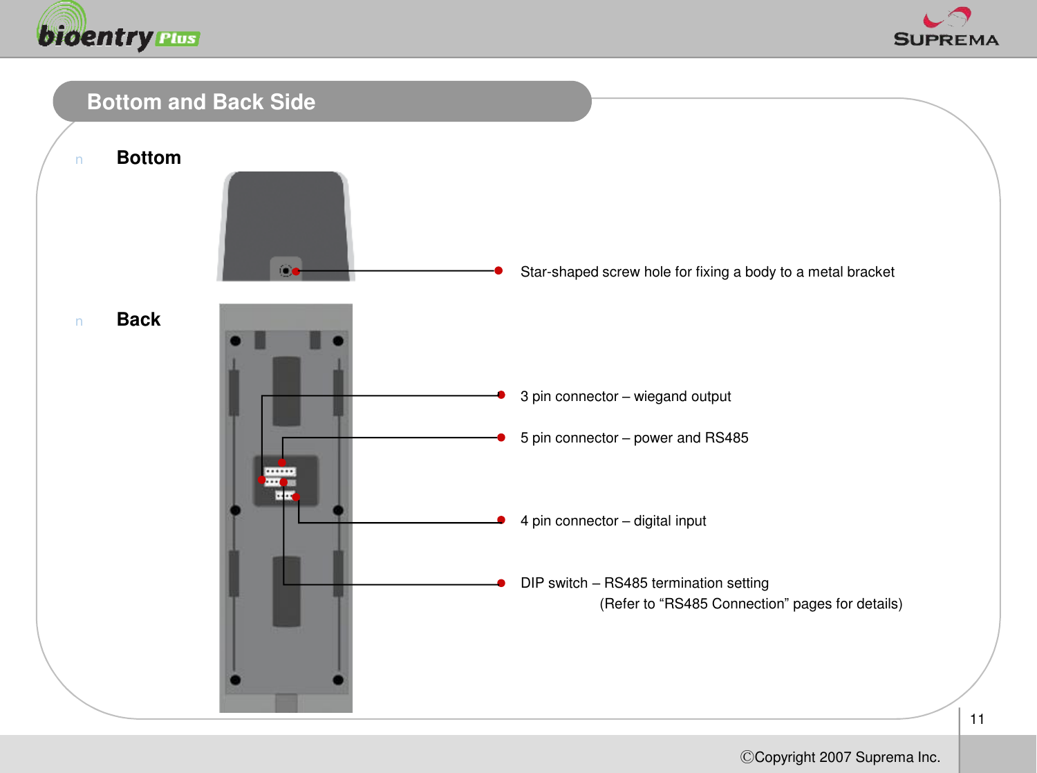 Bottom and Back SidenBottomnBackStar-shaped screw hole for fixing a body to a metal bracket11ⒸCopyright 2007Suprema Inc.3 pin connector –wiegandoutput5 pin connector –power and RS4854 pin connector –digital inputDIP switch –RS485 termination setting(Refer to “RS485 Connection” pages for details)