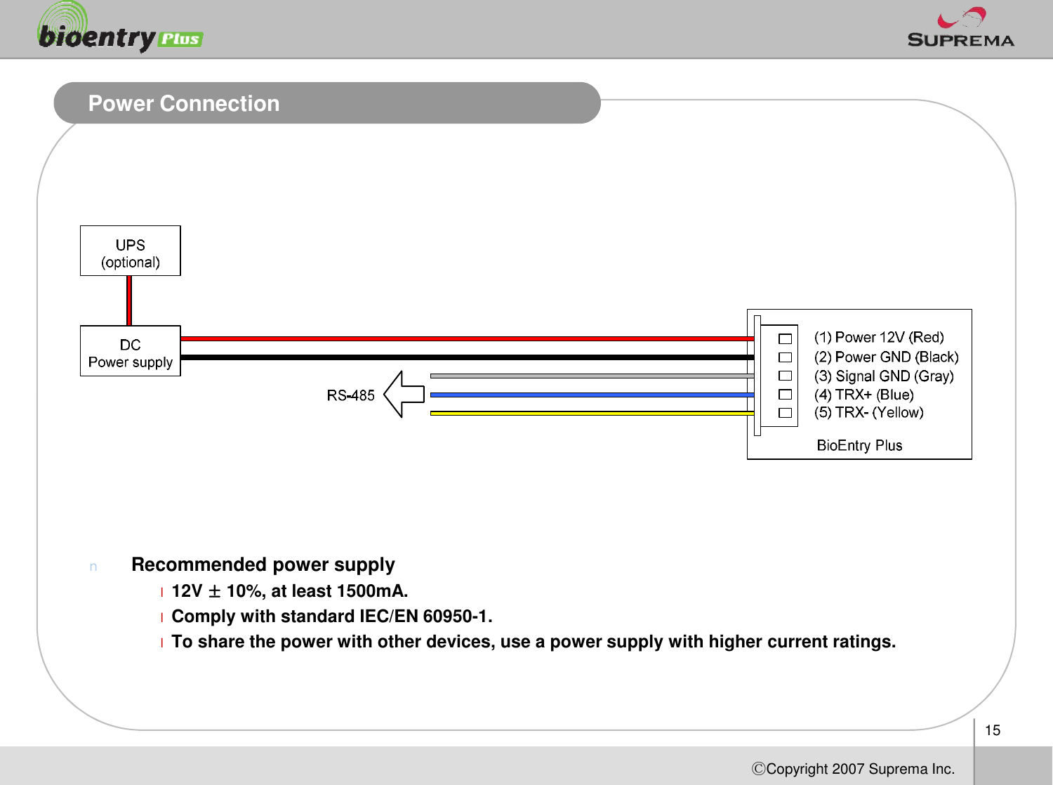 Power Connection15ⒸCopyright 2007Suprema Inc.nRecommended power supplyl12V ±10%, at least 1500mA.lComply with standard IEC/EN 60950-1.lTo share the power with other devices, use a power supply with higher current ratings.