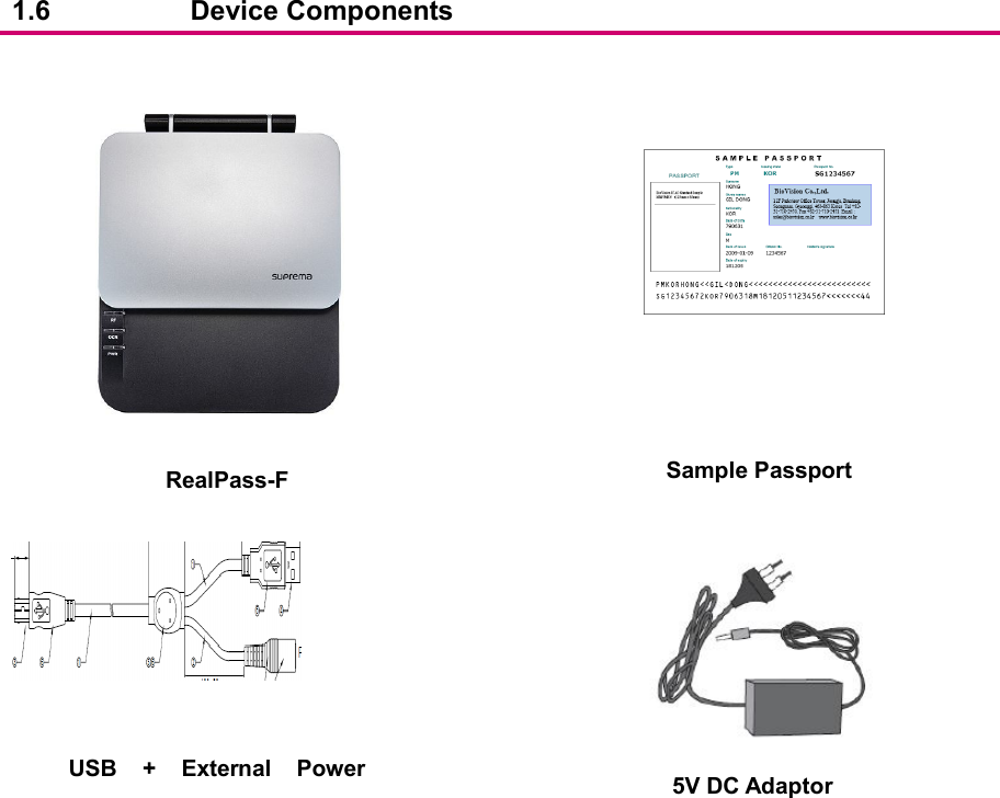   1.6  Device Components                RealPass-F   USB  +  External  Power Sample Passport 5V DC Adaptor   