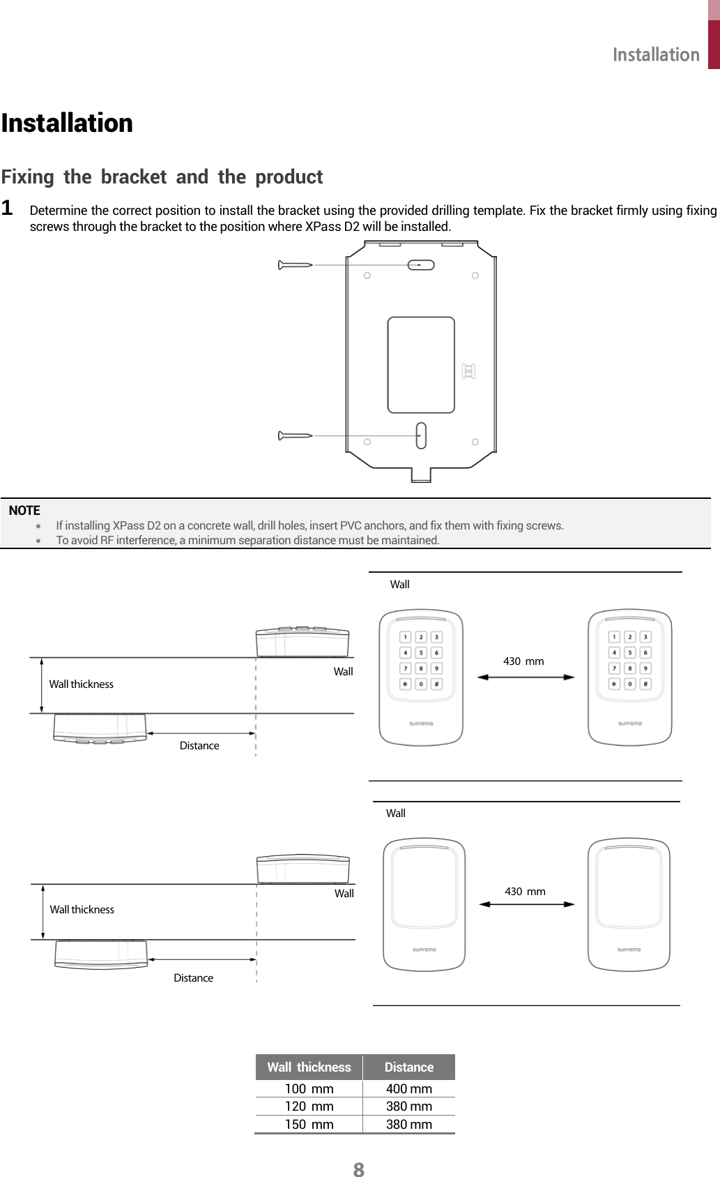 Installation 8 Installation Fixing the bracket and the product 1  Determine the correct position to install the bracket using the provided drilling template. Fix the bracket firmly using fixingscrews through the bracket to the position where XPass D2 will be installed. NOTE •If installing XPass D2 on a concrete wall, drill holes, insert PVC anchors, and fix them with fixing screws. •To avoid RF interference, a minimum separation distance must be maintained. Wall thickness Distance 100 mm  400 mm 120 mm 380 mm 150 mm 380 mm Wall 430  mm Wall Wall thickness Distance Wall 430  mm Wall Wall thickness Distance 