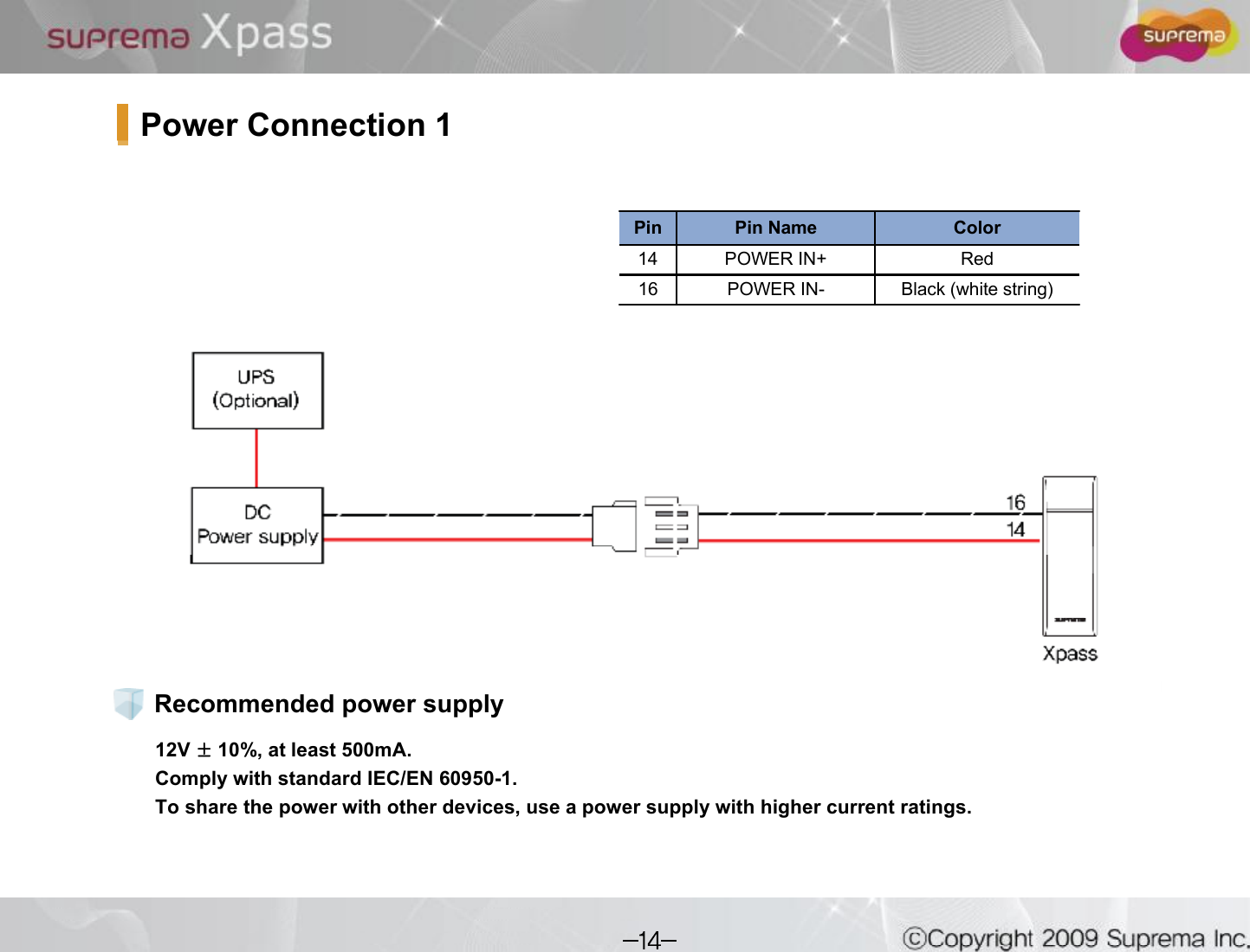 Power Connection112V  10%, at least 500mA.Comply with standard IEC/EN 60950-1.To share the power with other devices, use a power supply with higher current ratings.Recommended power supplyPin Pin Name Color14 POWER IN+ Red16 POWER IN- Black (white string)