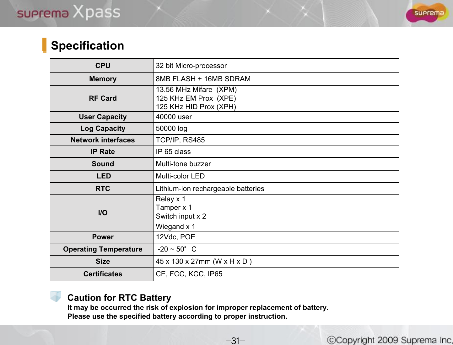 SpecificationCPU  32 bit Micro-processorMemory 8MB FLASH + 16MB SDRAM RF Card13.56 MHz Mifare(XPM)125 KHz EM Prox(XPE)125 KHz HID Prox(XPH)User Capacity 40000 userLog Capacity 50000 logNetwork interfaces TCP/IP, RS485 IP Rate IP 65 classSound  Multi-tone buzzerLED Multi-color LED RTC  Lithium-ion rechargeable batteriesI/ORelay x 1Tamper x 1Switch input x 2 Wiegandx 1Power 12Vdc, POEOperating Temperature -20 ~ 50 C Size 45 x 130 x 27mm (W x H x D ) Certificates CE, FCC, KCC, IP65It may be occurred the risk of explosionfor improper replacement of battery. Please use the specified battery according to proper instruction.Caution for RTC Battery