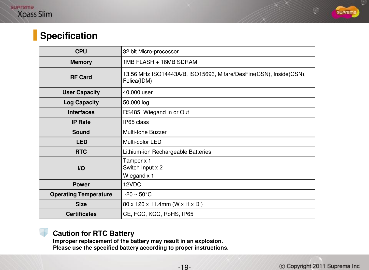 CPU  32 bit Micro-processorMemory 1MB FLASH + 16MB SDRAM RF Card 13.56 MHz ISO14443A/B, ISO15693, Mifare/DesFire(CSN), Inside(CSN), Felica(IDM)User Capacity 40,000 userLog Capacity 50,000 logInterfaces RS485, WiegandIn or OutIP Rate IP65 classSound  Multi-tone BuzzerSpecification-19-LED Multi-color LED RTC  Lithium-ion Rechargeable BatteriesI/OTamper x 1Switch Input x 2 Wiegandx 1Power 12VDCOperating Temperature -20 ~ 50°C Size 80 x 120 x 11.4mm (W x H x D ) Certificates CE, FCC, KCC, RoHS, IP65Improper replacement of the battery may result in an explosion. Please use the specified battery according to proper instructions.Caution for RTC Battery
