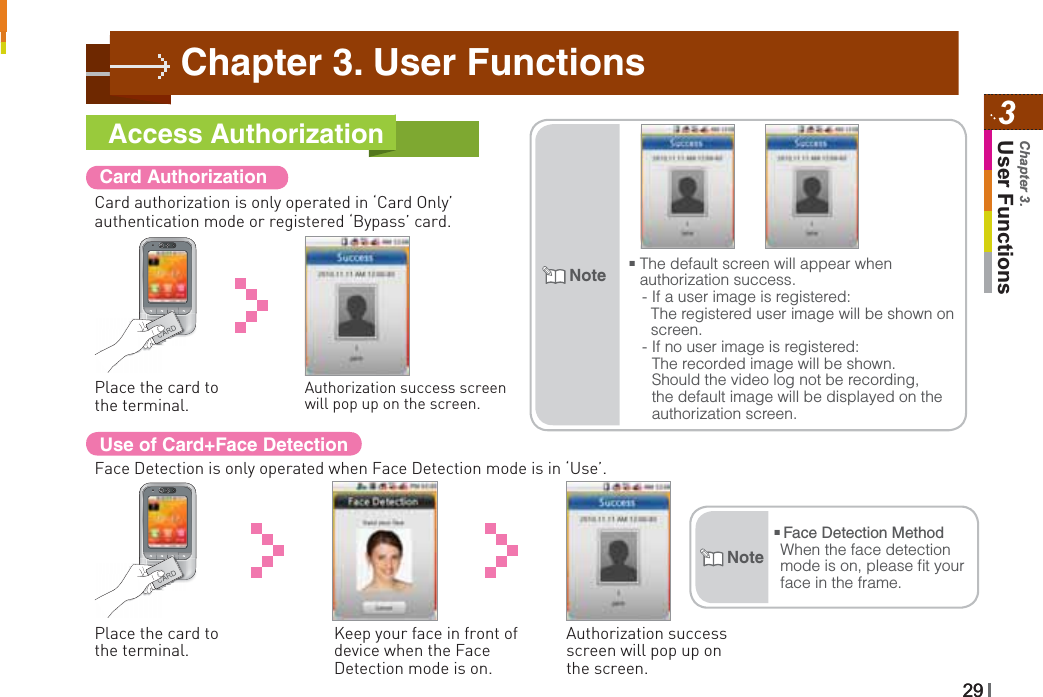 Card Authorization Access AuthorizationCard authorization is only operated in ‘Card Only’ authentication mode or registered ‘Bypass’ card.Use of Card+Face DetectionFace Detection is only operated when Face Detection mode is in ‘Use’.Place the card to the terminal.Keep your face in front of device when the Face Detection mode is on.Authorization success screen will pop up on the screen.Place the card to the terminal.Authorization success screen will pop up on the screen.NoteŶFace Detection MethodWhen the face detection mode is on, please ﬁt your face in the frame. Chapter 3. User Functions29293User FunctionsChapter 3.NoteŶThe default screen will appear when authorization success.   - If a user image is registered:     The registered user image will be shown on      screen.   - If no user image is registered: The recorded image will be shown. Should the video log not be recording, the default image will be displayed on the authorization screen.