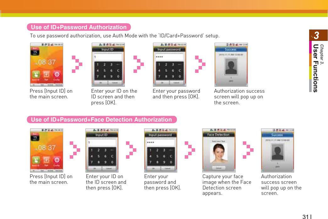 313User FunctionsChapter 3.Use of ID+Password AuthorizationTo use password authorization, use Auth Mode with the ‘ID/Card+Password’ setup.Press [Input ID] on the main screen.Enter your ID on the ID screen and then press [OK].Enter your password and then press [OK].Use of ID+Password+Face Detection AuthorizationPress [Input ID] on the main screen.Enter your password and then press [OK].Capture your face image when the Face Detection screen appears.Authorization success screen will pop up on the screen.Authorizationsuccess screen will pop up on the screen.Enter your ID on the ID screen and then press [OK].