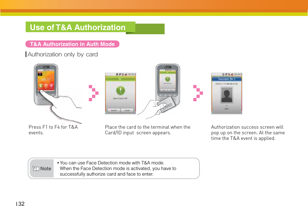 32Use of T&amp;A AuthorizationT&amp;A Authorization in Auth ModePress F1 to F4 for T&amp;A events.Place the card to the terminal when the Card/ID input  screen appears.Authorization success screen will pop up on the screen. At the same time the T&amp;A event is applied.&quot;VUIPSJ[BUJPOPOMZCZDBSENoteŶYou can use Face Detection mode with T&amp;A mode. When the Face Detection mode is activated, you have to successfully authorize card and face to enter.