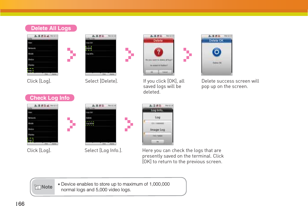 Delete All LogsClick [Log]. Select [Delete]. If you click [OK], all saved logs will be deleted.Delete success screen will pop up on the screen.Check Log InfoŶDevice enables to store up to maximum of 1,000,000 normal logs and 5,000 video logs.NoteClick [Log]. Select [Log Info.]. Here you can check the logs that are presently saved on the terminal. Click [OK] to return to the previous screen.66