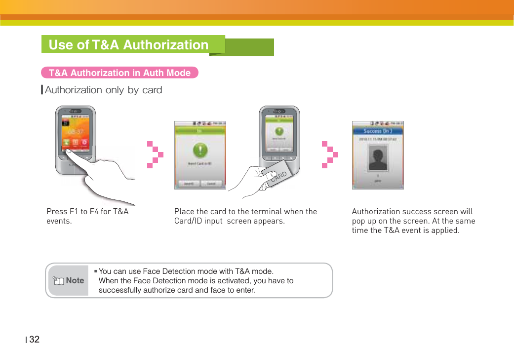 32Use of T&amp;A AuthorizationT&amp;A Authorization in Auth ModePress F1 to F4 for T&amp;A events.Place the card to the terminal when the Card/ID input  screen appears.Authorization success screen will pop up on the screen. At the same time the T&amp;A event is applied.&quot;VUIPSJ[BUJPOPOMZCZDBSENoteŶYou can use Face Detection mode with T&amp;A mode. When the Face Detection mode is activated, you have to successfully authorize card and face to enter.