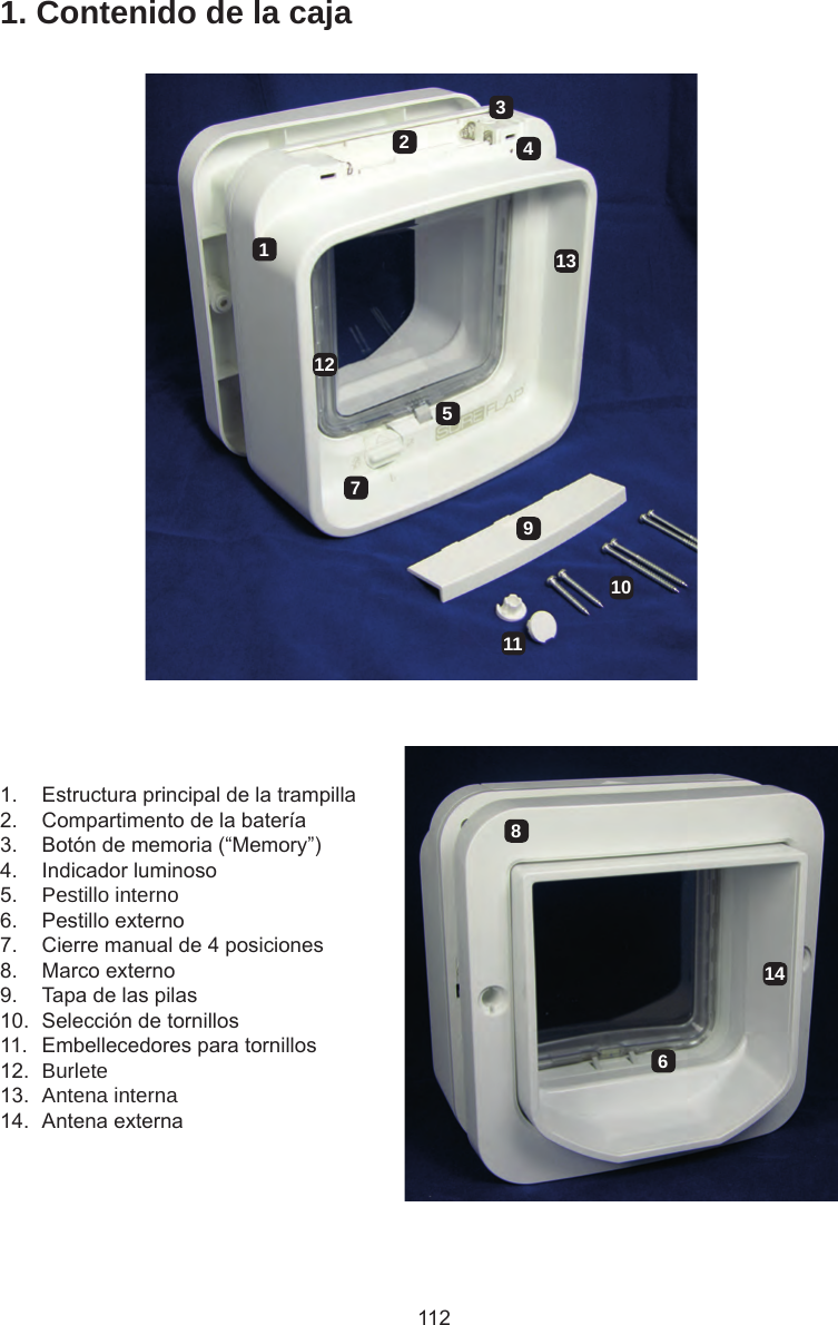 1121. Contenido de la caja1.  Estructura principal de la trampilla2.  Compartimento de la batería3.  Botón de memoria (“Memory”)4.  Indicador luminoso5.  Pestillo interno6.  Pestillo externo7.  Cierre manual de 4 posiciones8.  Marco externo9.  Tapa de las pilas10.  Selección de tornillos11.  Embellecedores para tornillos12.  Burlete13.  Antena interna14.  Antena externa1234567891011121314