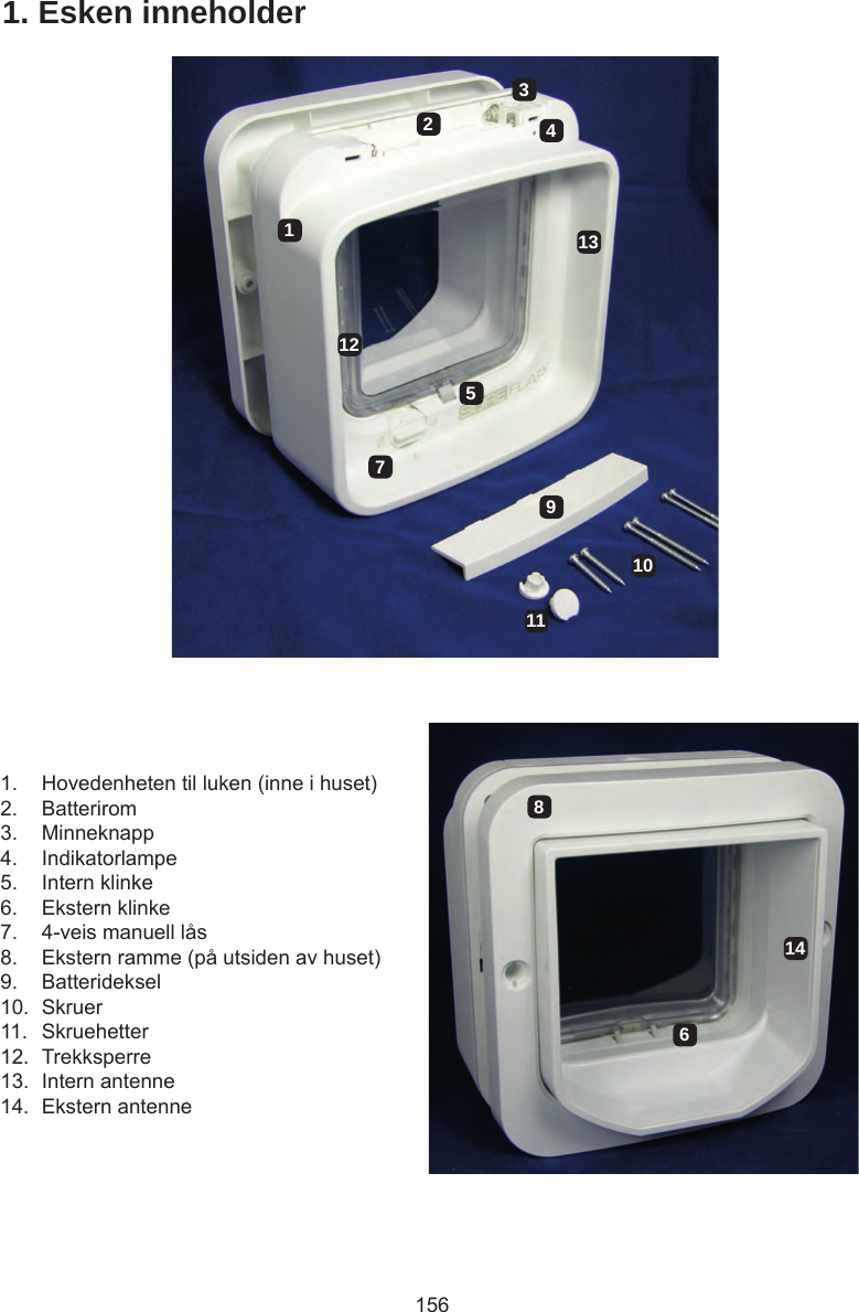 1561. Esken inneholder1.  Hovedenheten til luken (inne i huset)2.  Batterirom3.  Minneknapp4.  Indikatorlampe5.  Intern klinke6.  Ekstern klinke7.  4-veis manuell lås8.  Ekstern ramme (på utsiden av huset)9.  Batterideksel10.  Skruer11.  Skruehetter12.  Trekksperre13.  Intern antenne14.  Ekstern antenne1234567891011121314