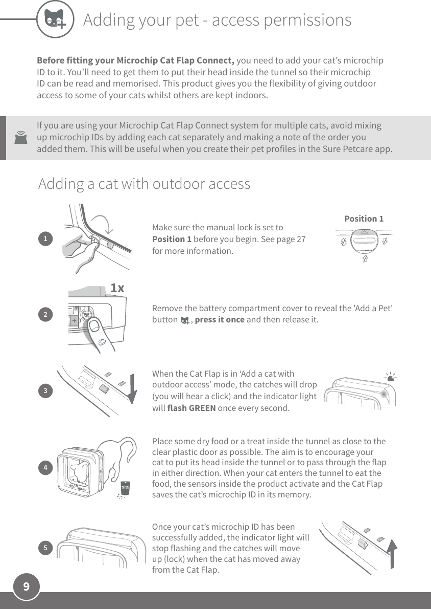 9Adding your pet - access permissionsBefore fitting your Microchip Cat Flap Connect, you need to add your cat’s microchip ID to it. You’ll need to get them to put their head inside the tunnel so their microchip ID can be read and memorised. This product gives you the flexibility of giving outdoor access to some of your cats whilst others are kept indoors. If you are using your Microchip Cat Flap Connect system for multiple cats, avoid mixing up microchip IDs by adding each cat separately and making a note of the order you added them. This will be useful when you create their pet profiles in the Sure Petcare app.Adding a cat with outdoor access4Place some dry food or a treat inside the tunnel as close to the clear plastic door as possible. The aim is to encourage your cat to put its head inside the tunnel or to pass through the flap in either direction. When your cat enters the tunnel to eat the food, the sensors inside the product activate and the Cat Flap saves the cat’s microchip ID in its memory. 5Once your cat’s microchip ID has been successfully added, the indicator light will stop flashing and the catches will move up (lock) when the cat has moved away from the Cat Flap.1xRemove the battery compartment cover to reveal the &apos;Add a Pet&apos; button       , press it once and then release it. 23When the Cat Flap is in ‘Add a cat with outdoor access’ mode, the catches will drop (you will hear a click) and the indicator light will flash GREEN once every second. Make sure the manual lock is set to Position 1 before you begin. See page 27 for more information.1Position 1