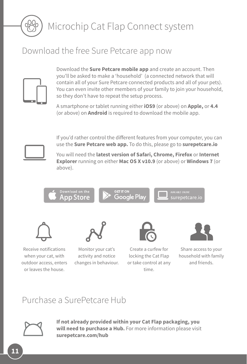 11Microchip Cat Flap Connect system Purchase a SurePetcare HubIf not already provided within your Cat Flap packaging, you will need to purchase a Hub. For more information please visit surepetcare.com/hubDownload the free Sure Petcare app nowDownload the Sure Petcare mobile app and create an account. Then you’ll be asked to make a ‘household’  (a connected network that will contain all of your Sure Petcare connected products and all of your pets). You can even invite other members of your family to join your household, so they don’t have to repeat the setup process.A smartphone or tablet running either iOS9 (or above) on Apple, or 4.4 (or above) on Android is required to download the mobile app. If you’d rather control the dierent features from your computer, you can use the Sure Petcare web app. To do this, please go to surepetcare.ioYou will need the latest version of Safari, Chrome, Firefox or Internet Explorer running on either Mac OS X v10.9 (or above) or Windows 7 (or above).Receive notifications when your cat, with outdoor access, enters or leaves the house.Monitor your cat’s activity and notice changes in behaviour.Create a curfew for locking the Cat Flap or take control at any time.Share access to your household with family  and friends.