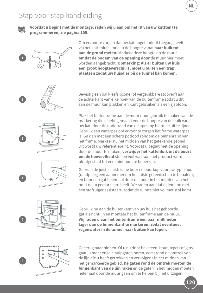 120NLStap-voor-stap handleidingPlak het buitenframe aan de muur door gebruik te maken van de markering die u hebt gemaakt voor de hoogte van de buik van uw kat, door de onderrand van de opening hiermee uit te lijnen. Gebruik een waterpas om ervoor te zorgen het frame waterpas is. Ga dan met een scherp potlood rondom de binnenrand van het frame. Markeer nu het midden van het getekende gebied. Dit wordt uw referentiepunt. Voordat u begint met de opening door de muur te maken, verwijder het kattenluik uit de buurt om de hoeveelheid stof en vuil waaraan het product wordt blootgesteld tot een minimum te beperken. Om ervoor te zorgen dat uw kat ongehinderd toegang hee via het kattenluik, moet u de hoogte vanaf haar buik tot aan de grond meten. Markeer deze hoogte op de muur, omdat de bodem van de opening door de muur hier moet worden aangebracht. Opmerking: Als er buiten uw huis een groot hoogteverschil is, moet u buiten een trap plaatsen zodat uw huisdier bij de tunnel kan komen.1x3Gebruik de juiste elektrische boor en boorkop voor uw type muur (raadpleeg een aannemer om het juiste gereedschap te bepalen), en boor een gat helemaal door de muur in het midden van het punt dat u gemarkeerd hee. We raden aan dat er iemand met een stofzuiger assisteert, zodat de ruimte niet vol met stof komt.Gebruik nu aan de buitenkant van uw huis het geboorde gat als richtlijn en monteer het buitenframe aan de muur. Wij raden u aan het buitenframe een paar millimeter lager dan de binnenkant te markeren, zodat eventueel regenwater in de tunnel naar buiten kan lopen. 4Ga terug naar binnen. Of u nu door baksteen, hout, tegels of gips gaat, u moet enkele hulpgaten boren, eerst rond de omtrek van de lijn die u hee getrokken en vervolgens in het midden van het gemarkeerde gebied. De gaten rond de omtrek moeten de binnenkant van de lijn raken en de gaten in het midden moeten helemaal door de muur gaan om te helpen bij het uitzagen. 56Voordat u begint met de montage, raden wij u aan om het ID van uw kat(ten) te programmeren, zie pagina 105.2Bevestig een bal kleefsilicone (of vergelijkbare stopverf) aan de achterkant van elke hoek van de buitenframe zodat u dit aan de muur kan plakken en kunt gebruiken als een sjabloon.xxx