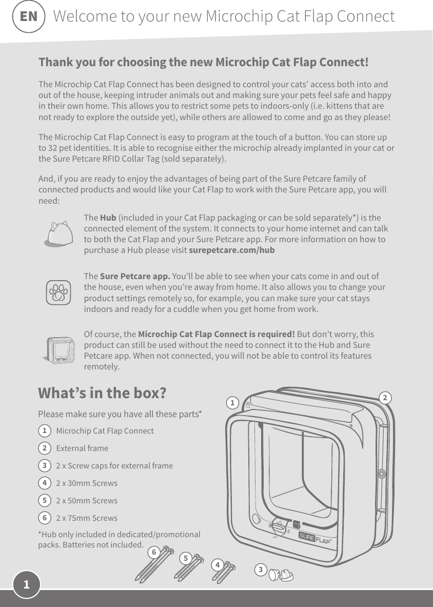 1What’s in the box?Please make sure you have all these parts* Microchip Cat Flap ConnectExternal frame2 x Screw caps for external frame 2 x 30mm Screws2 x 50mm Screws2 x 75mm Screws*Hub only included in dedicated/promotional packs. Batteries not included.1234563Thank you for choosing the new Microchip Cat Flap Connect! The Microchip Cat Flap Connect has been designed to control your cats’ access both into and out of the house, keeping intruder animals out and making sure your pets feel safe and happy in their own home. This allows you to restrict some pets to indoors-only (i.e. kittens that are not ready to explore the outside yet), while others are allowed to come and go as they please!The Microchip Cat Flap Connect is easy to program at the touch of a button. You can store up to 32 pet identities. It is able to recognise either the microchip already implanted in your cat or the Sure Petcare RFID Collar Tag (sold separately). And, if you are ready to enjoy the advantages of being part of the Sure Petcare family of connected products and would like your Cat Flap to work with the Sure Petcare app, you will need:The Hub (included in your Cat Flap packaging or can be sold separately*) is the connected element of the system. It connects to your home internet and can talk to both the Cat Flap and your Sure Petcare app. For more information on how to purchase a Hub please visit surepetcare.com/hubThe Sure Petcare app. You’ll be able to see when your cats come in and out of the house, even when you’re away from home. It also allows you to change your product settings remotely so, for example, you can make sure your cat stays indoors and ready for a cuddle when you get home from work. Of course, the Microchip Cat Flap Connect is required! But don’t worry, this product can still be used without the need to connect it to the Hub and Sure Petcare app. When not connected, you will not be able to control its features remotely.12654EN Welcome to your new Microchip Cat Flap Connect