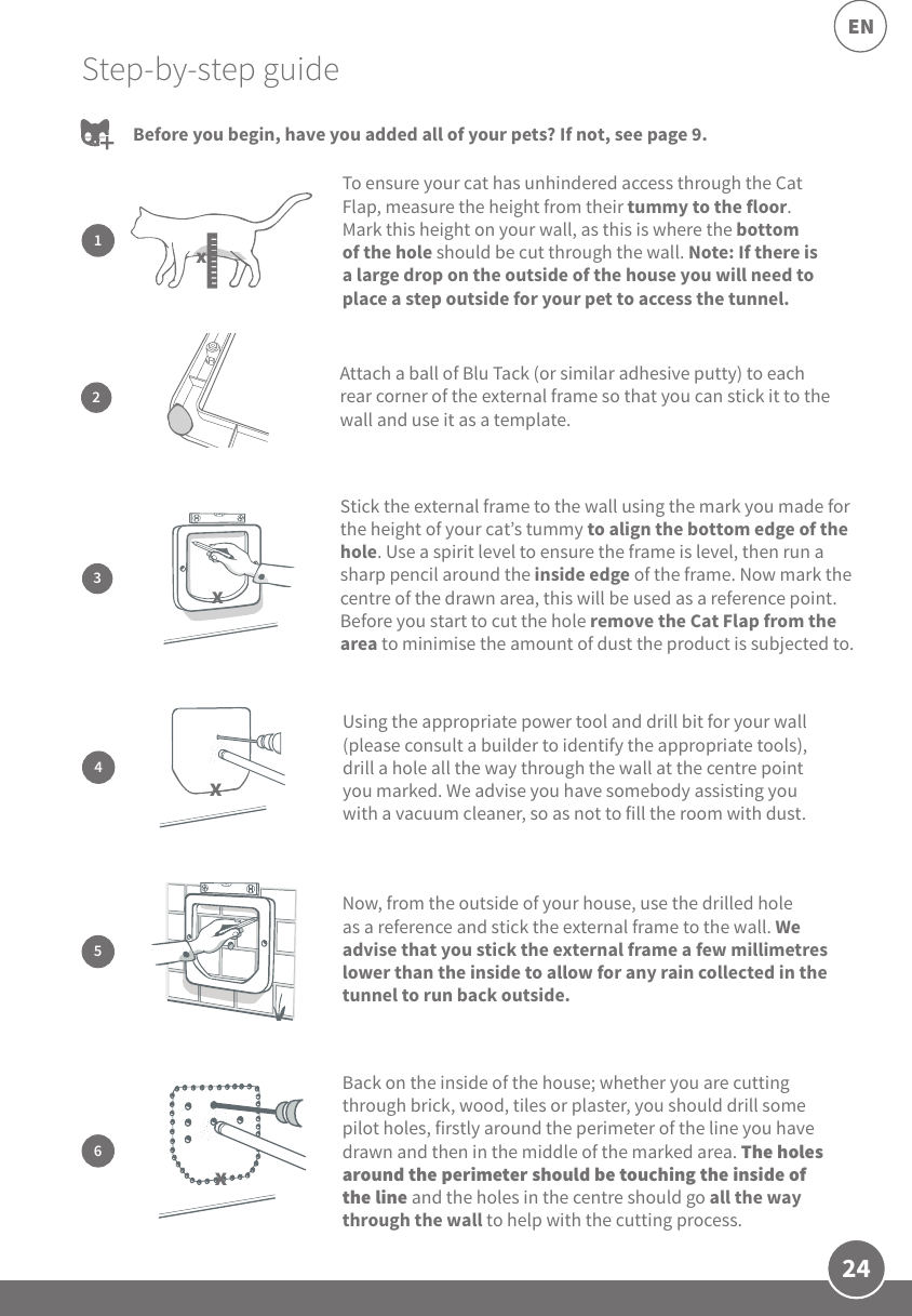 24ENStep-by-step guideTo ensure your cat has unhindered access through the Cat Flap, measure the height from their tummy to the floor. Mark this height on your wall, as this is where the bottom of the hole should be cut through the wall. Note: If there is a large drop on the outside of the house you will need to place a step outside for your pet to access the tunnel.1xNow, from the outside of your house, use the drilled hole as a reference and stick the external frame to the wall. We advise that you stick the external frame a few millimetres lower than the inside to allow for any rain collected in the tunnel to run back outside. 5Before you begin, have you added all of your pets? If not, see page 9.2Attach a ball of Blu Tack (or similar adhesive putty) to each rear corner of the external frame so that you can stick it to the wall and use it as a template.Stick the external frame to the wall using the mark you made for the height of your cat’s tummy to align the bottom edge of the hole. Use a spirit level to ensure the frame is level, then run a sharp pencil around the inside edge of the frame. Now mark the centre of the drawn area, this will be used as a reference point. Before you start to cut the hole remove the Cat Flap from the area to minimise the amount of dust the product is subjected to. 3x4Using the appropriate power tool and drill bit for your wall  (please consult a builder to identify the appropriate tools), drill a hole all the way through the wall at the centre point you marked. We advise you have somebody assisting you with a vacuum cleaner, so as not to fill the room with dust.xBack on the inside of the house; whether you are cutting through brick, wood, tiles or plaster, you should drill some pilot holes, firstly around the perimeter of the line you have drawn and then in the middle of the marked area. The holes around the perimeter should be touching the inside of the line and the holes in the centre should go all the way through the wall to help with the cutting process.6x