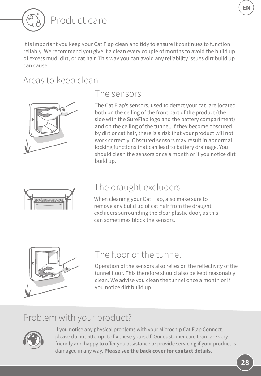 28ENProduct careIt is important you keep your Cat Flap clean and tidy to ensure it continues to function reliably. We recommend you give it a clean every couple of months to avoid the build up of excess mud, dirt, or cat hair. This way you can avoid any reliability issues dirt build up can cause.Areas to keep cleanThe sensors The Cat Flap’s sensors, used to detect your cat, are located both on the ceiling of the front part of the product (the side with the SureFlap logo and the battery compartment) and on the ceiling of the tunnel. If they become obscured by dirt or cat hair, there is a risk that your product will not work correctly. Obscured sensors may result in abnormal locking functions that can lead to battery drainage. You should clean the sensors once a month or if you notice dirt build up.The floor of the tunnel Operation of the sensors also relies on the reflectivity of the tunnel floor. This therefore should also be kept reasonably clean. We advise you clean the tunnel once a month or if you notice dirt build up.The draught excluders When cleaning your Cat Flap, also make sure to  remove any build up of cat hair from the draught excluders surrounding the clear plastic door, as this can sometimes block the sensors. Problem with your product?If you notice any physical problems with your Microchip Cat Flap Connect, please do not attempt to fix these yourself. Our customer care team are very friendly and happy to oer you assistance or provide servicing if your product is damaged in any way. Please see the back cover for contact details.