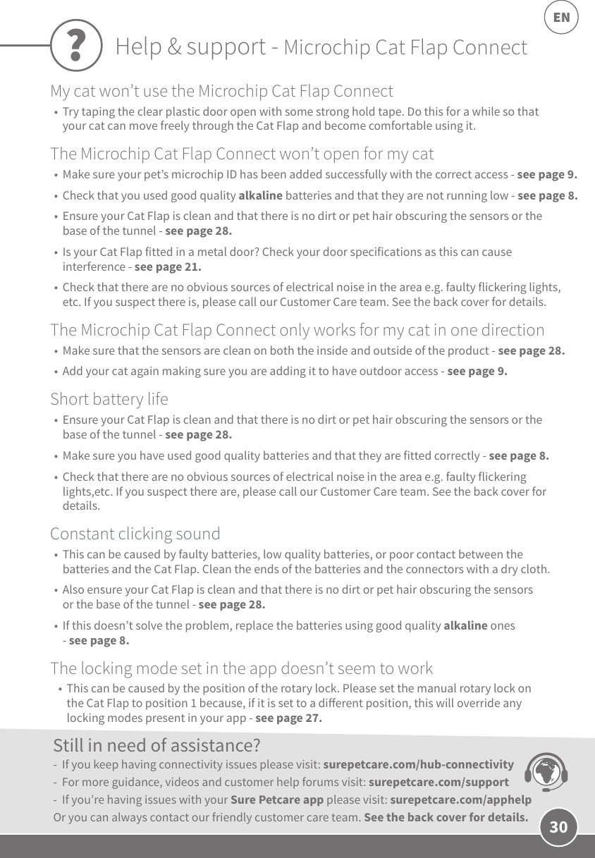 30ENMy cat won’t use the Microchip Cat Flap Connect•  Try taping the clear plastic door open with some strong hold tape. Do this for a while so that your cat can move freely through the Cat Flap and become comfortable using it.The Microchip Cat Flap Connect won’t open for my cat•  Make sure your pet’s microchip ID has been added successfully with the correct access - see page 9. •  Check that you used good quality alkaline batteries and that they are not running low - see page 8. •  Ensure your Cat Flap is clean and that there is no dirt or pet hair obscuring the sensors or the base of the tunnel - see page 28.•  Is your Cat Flap fitted in a metal door? Check your door specifications as this can cause interference - see page 21. •  Check that there are no obvious sources of electrical noise in the area e.g. faulty flickering lights, etc. If you suspect there is, please call our Customer Care team. See the back cover for details.The Microchip Cat Flap Connect only works for my cat in one direction•  Make sure that the sensors are clean on both the inside and outside of the product - see page 28. •  Add your cat again making sure you are adding it to have outdoor access - see page 9.Short battery life•  Ensure your Cat Flap is clean and that there is no dirt or pet hair obscuring the sensors or the base of the tunnel - see page 28.•  Make sure you have used good quality batteries and that they are fitted correctly - see page 8.•  Check that there are no obvious sources of electrical noise in the area e.g. faulty flickering lights,etc. If you suspect there are, please call our Customer Care team. See the back cover for details.Constant clicking sound•  This can be caused by faulty batteries, low quality batteries, or poor contact between the batteries and the Cat Flap. Clean the ends of the batteries and the connectors with a dry cloth.•  Also ensure your Cat Flap is clean and that there is no dirt or pet hair obscuring the sensors or the base of the tunnel - see page 28. •  If this doesn’t solve the problem, replace the batteries using good quality alkaline ones - see page 8.The locking mode set in the app doesn’t seem to work•  This can be caused by the position of the rotary lock. Please set the manual rotary lock on the Cat Flap to position 1 because, if it is set to a dierent position, this will override any locking modes present in your app - see page 27.-  If you keep having connectivity issues please visit: surepetcare.com/hub-connectivity-  For more guidance, videos and customer help forums visit: surepetcare.com/support -  If you’re having issues with your Sure Petcare app please visit: surepetcare.com/apphelpOr you can always contact our friendly customer care team. See the back cover for details.Still in need of assistance??Help &amp; support - Microchip Cat Flap Connect