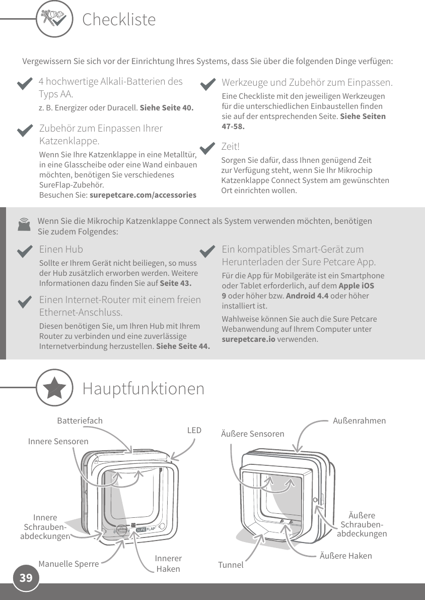 39HauptfunktionenÄußere SensorenBatteriefachManuelle Sperre Innerer HakenLEDInnere Schrauben-abdeckungenTunnelÄußere Schrauben-abdeckungenAußenrahmenVergewissern Sie sich vor der Einrichtung Ihres Systems, dass Sie über die folgenden Dinge verfügen:Zeit!Sorgen Sie dafür, dass Ihnen genügend Zeit zur Verfügung steht, wenn Sie Ihr Mikrochip Katzenklappe Connect System am gewünschten Ort einrichten wollen. Zubehör zum Einpassen Ihrer Katzenklappe.Wenn Sie Ihre Katzenklappe in eine Metalltür, in eine Glasscheibe oder eine Wand einbauen möchten, benötigen Sie verschiedenes SureFlap-Zubehör. Besuchen Sie: surepetcare.com/accessoriesEinen Internet-Router mit einem freien Ethernet-Anschluss. Diesen benötigen Sie, um Ihren Hub mit Ihrem Router zu verbinden und eine zuverlässige Internetverbindung herzustellen. Siehe Seite44.Ein kompatibles Smart-Gerät zum Herunterladen der Sure Petcare App. Für die App für Mobilgeräte ist ein Smartphone oder Tablet erforderlich, auf dem Apple iOS 9 oder höher bzw. Android 4.4 oder höher installiert ist. Wahlweise können Sie auch die Sure Petcare Webanwendung auf Ihrem Computer unter surepetcare.io verwenden. 4 hochwertige Alkali-Batterien des Typs AA. z.B. Energizer oder Duracell. Siehe Seite40.Werkzeuge und Zubehör zum Einpassen.Eine Checkliste mit den jeweiligen Werkzeugen für die unterschiedlichen Einbaustellen finden sie auf der entsprechenden Seite. Siehe Seiten 47-58.ChecklisteÄußere HakenInnere SensorenEinen HubSollte er Ihrem Gerät nicht beiliegen, so muss der Hub zusätzlich erworben werden. Weitere Informationen dazu finden Sie auf Seite 43.Wenn Sie die Mikrochip Katzenklappe Connect als System verwenden möchten, benötigen Sie zudem Folgendes: